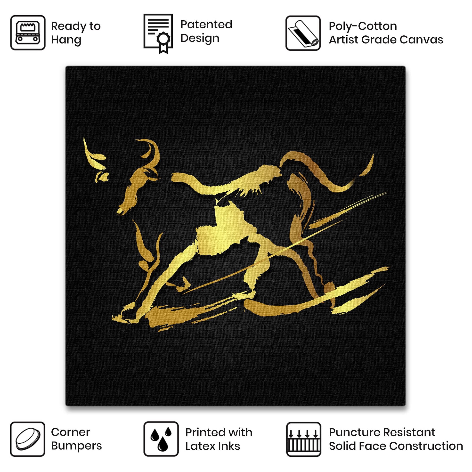 Abstract black and gold bull wall art with fluid brushstroke design on square canvas with product feature icons above and below