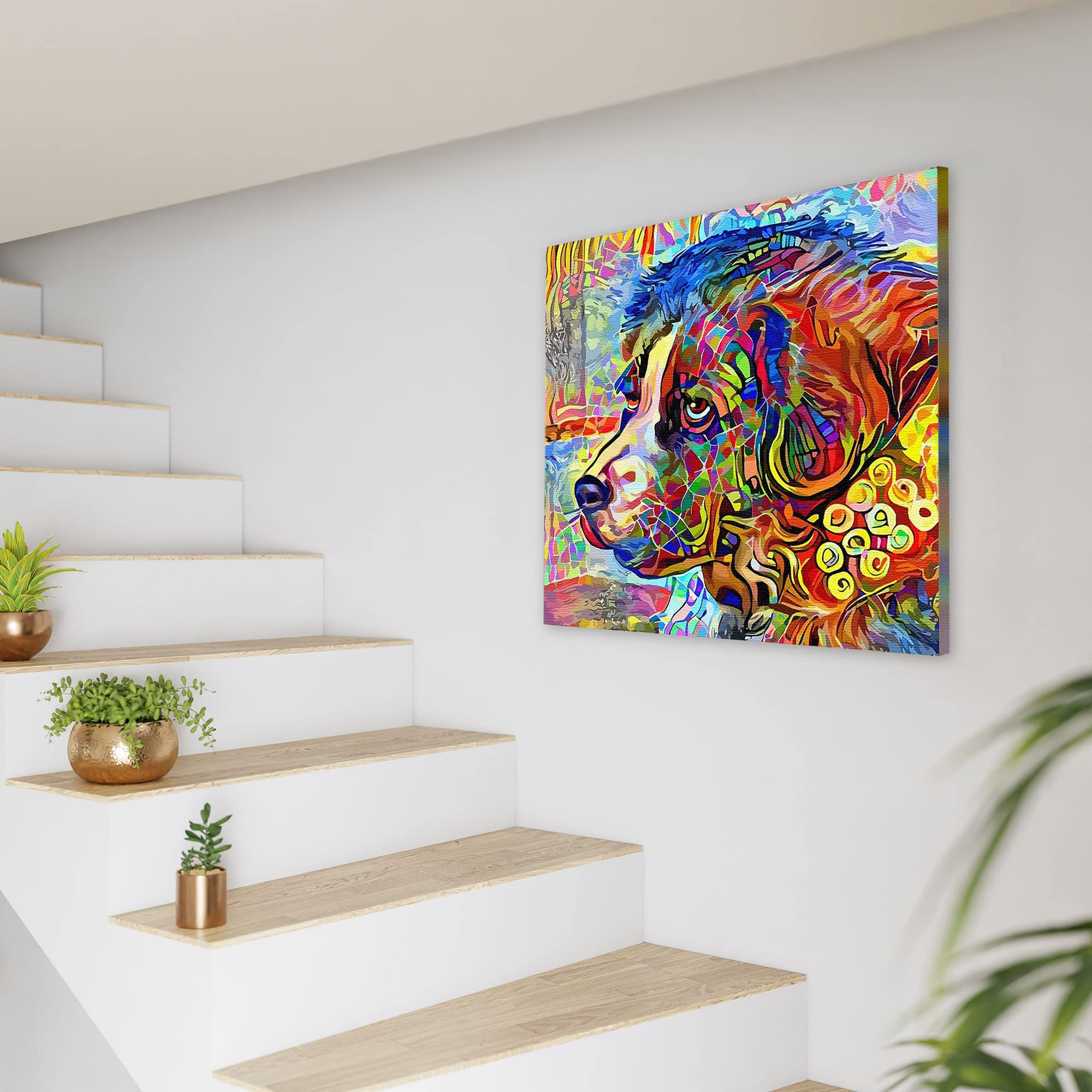 Colorful abstract Newfoundland dog art with vibrant multicolor geometric patterns on square canvas hanging on white wall near staircase