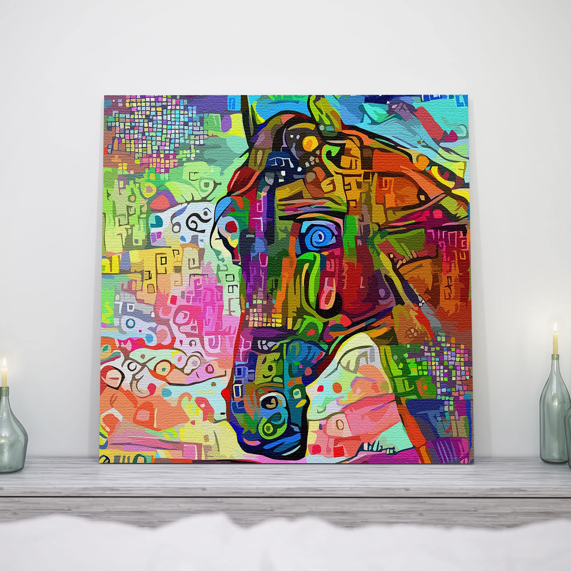 Vibrant colorful abstract horse art canvas on textured fabric displayed in modern minimalist room decor setting