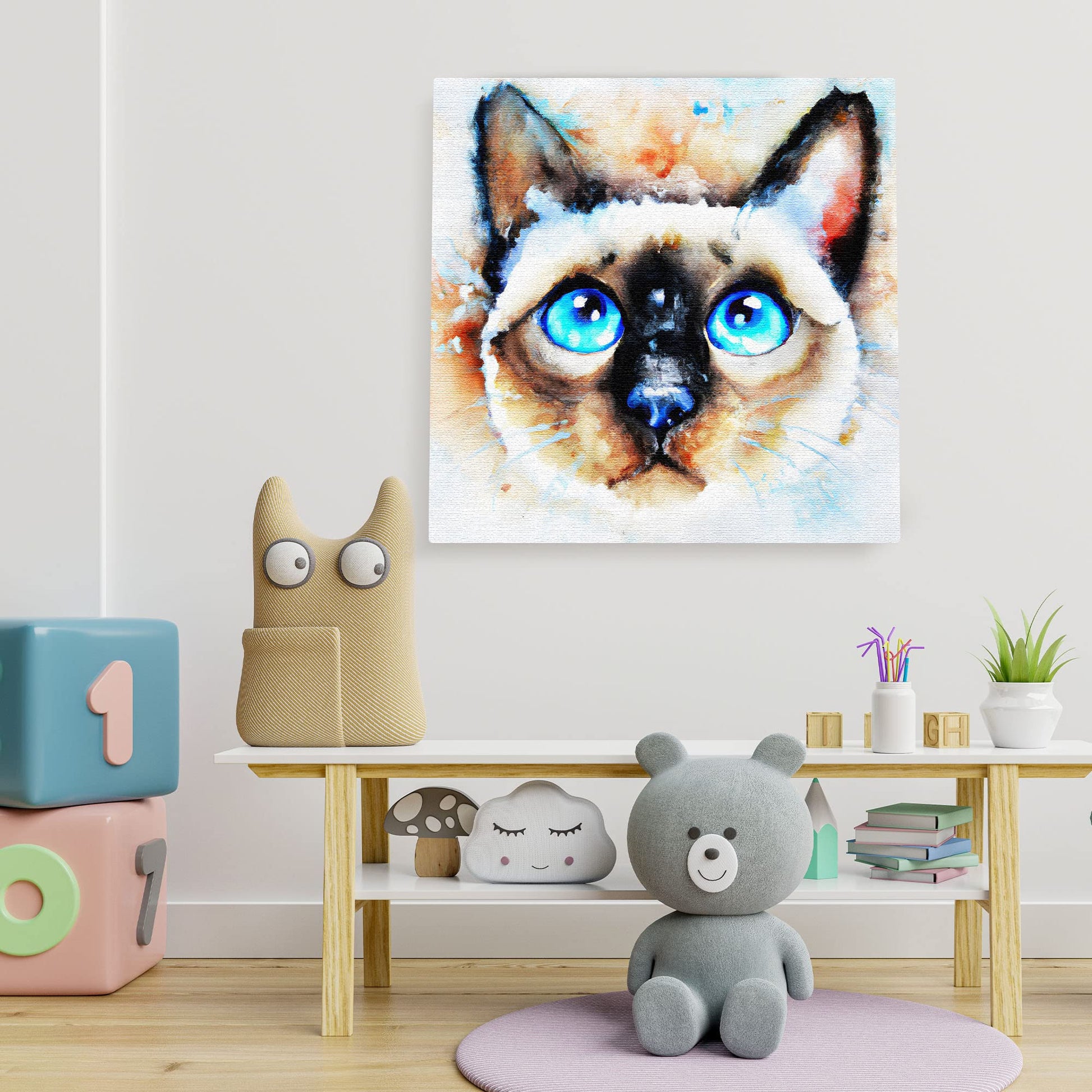 Abstract watercolor Siamese cat wall art featuring bright blue eyes with soft cream, brown, and black tones on a white background