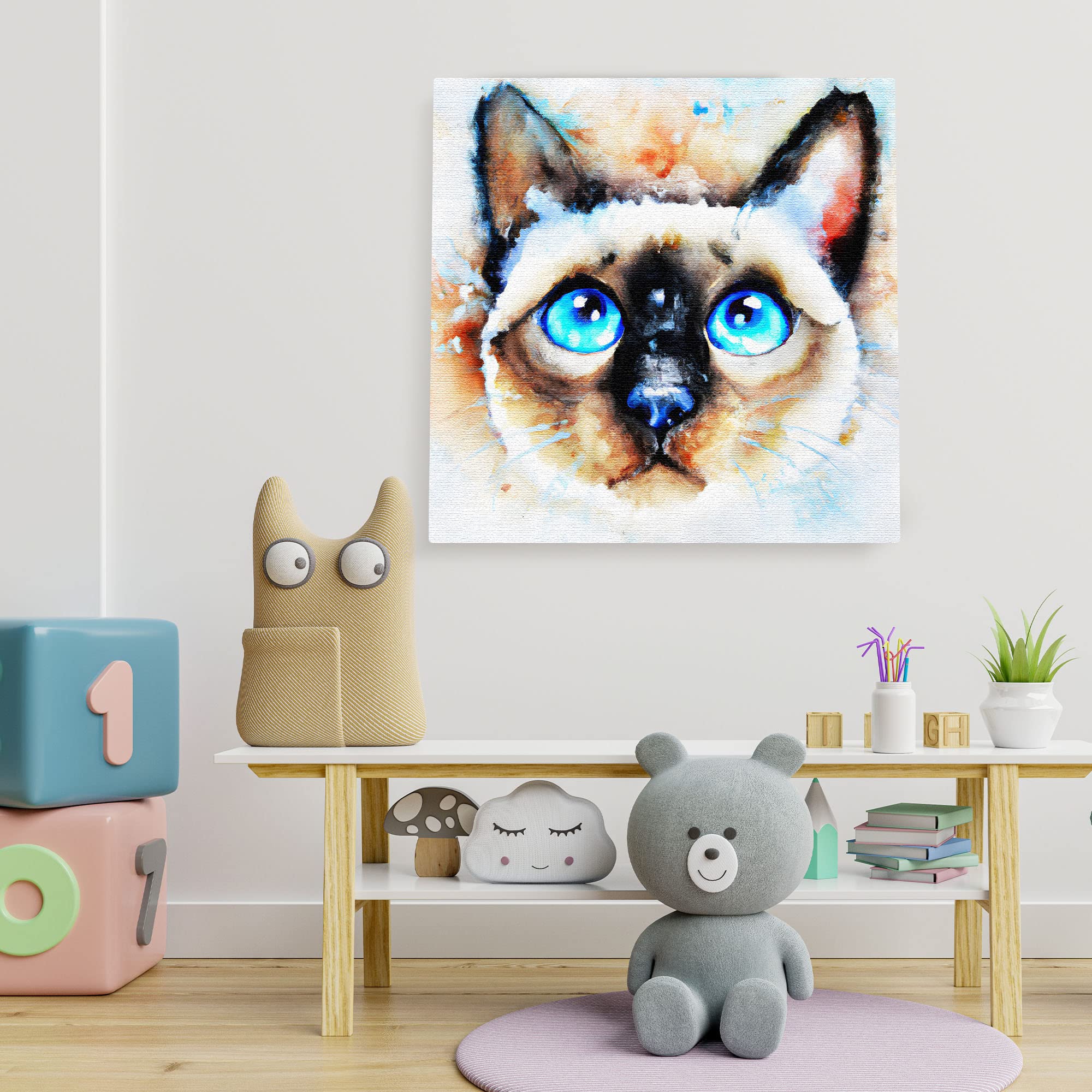 Abstract watercolor Siamese cat wall art featuring bright blue eyes with soft cream, brown, and black tones on a white background
