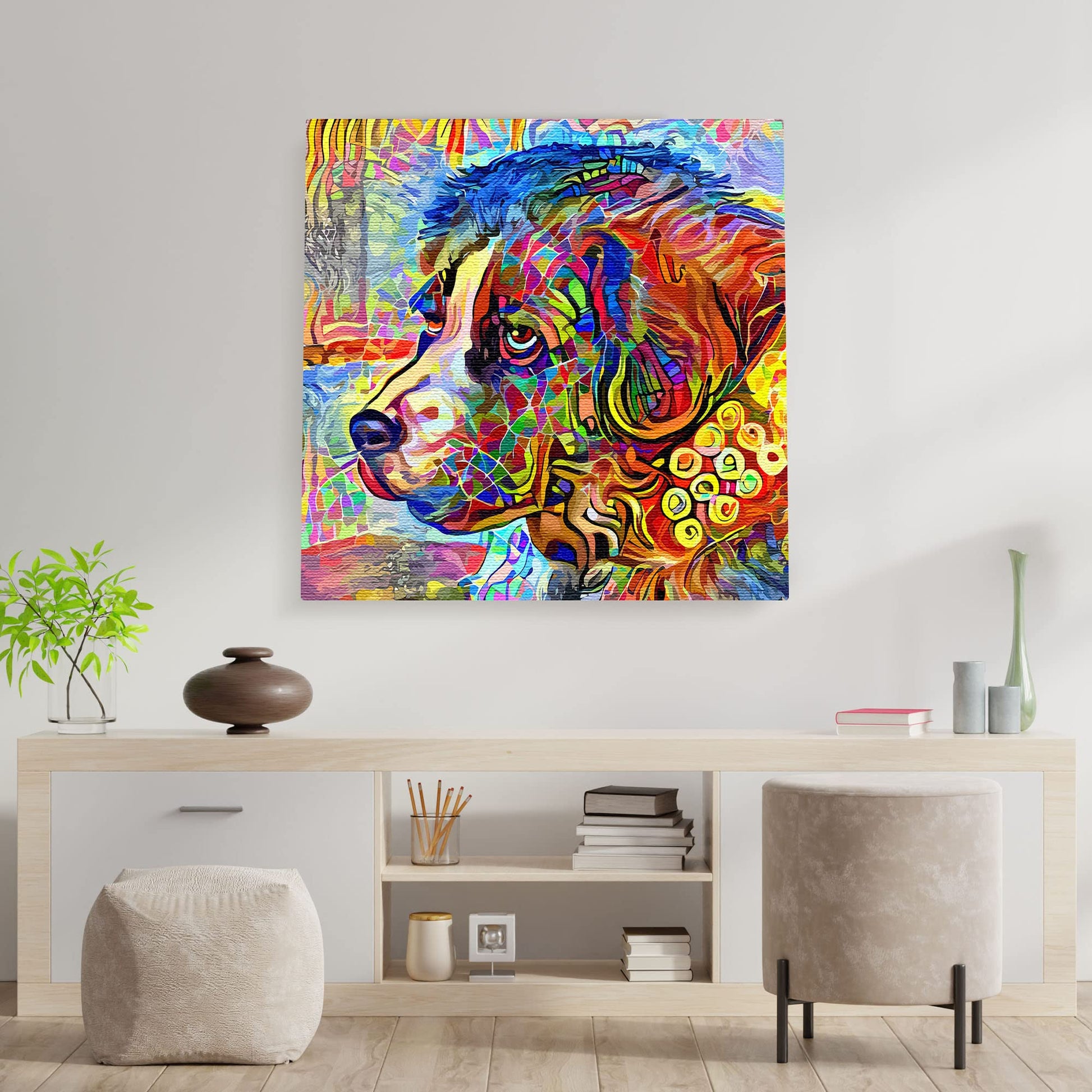 Colorful abstract Newfoundland dog art with vibrant multicolor geometric patterns on square canvas hanging on white wall in modern room
