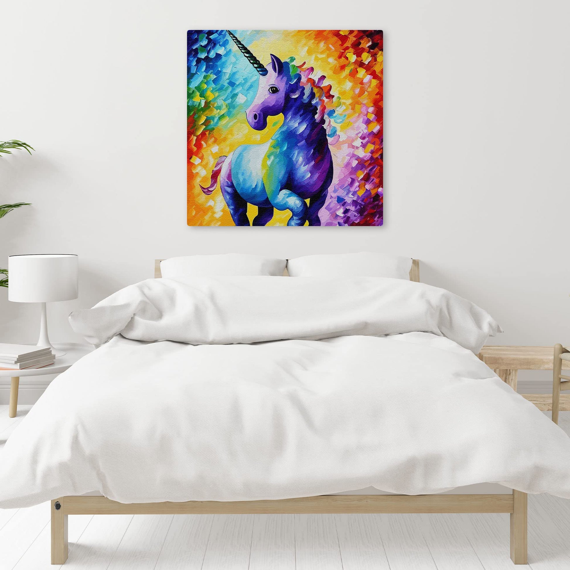 Colorful purple unicorn with rainbow mane on vibrant abstract background printed on square canvas above bed in modern bedroom