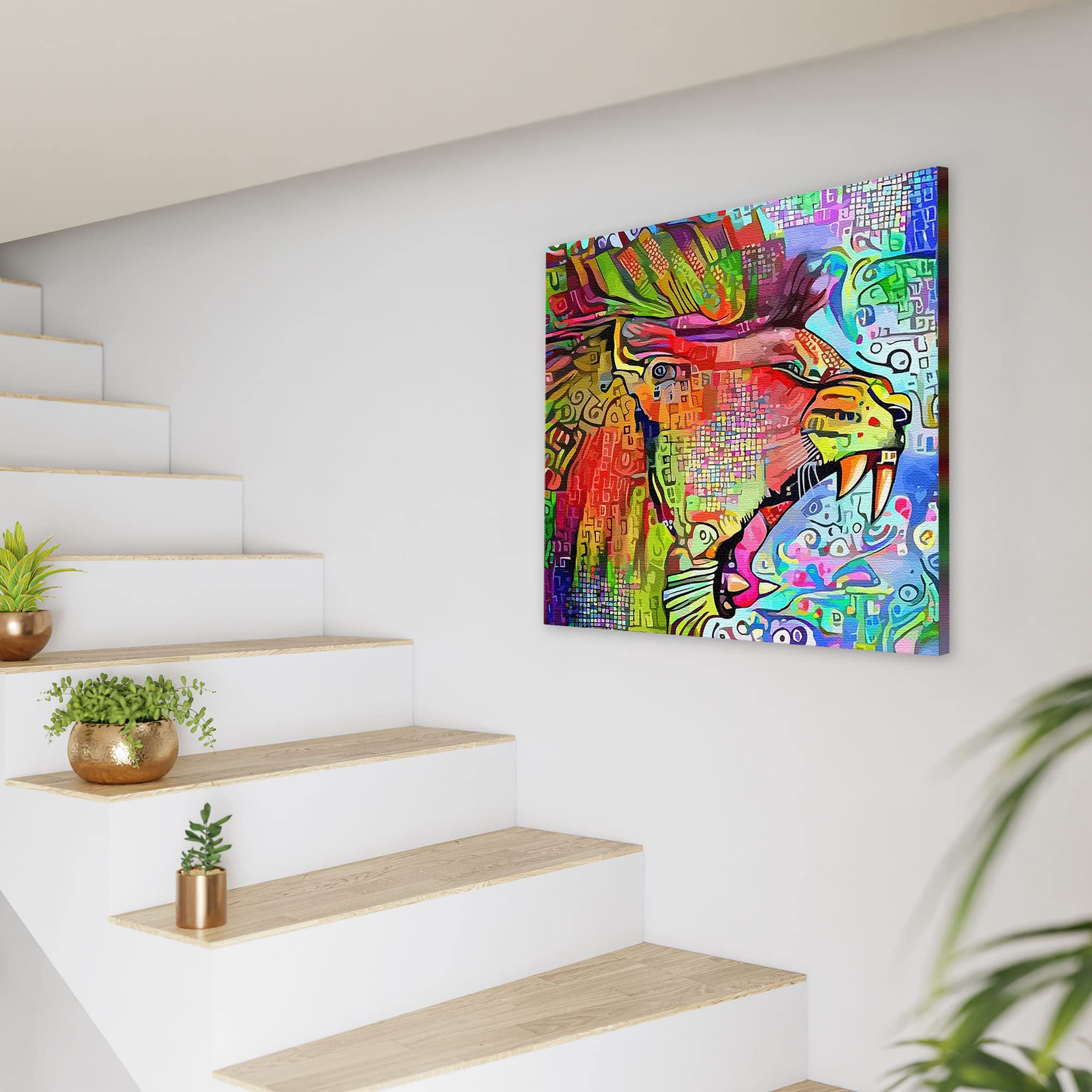 Colorful abstract roaring lion art on square canvas displayed on white wall above modern staircase with plants
