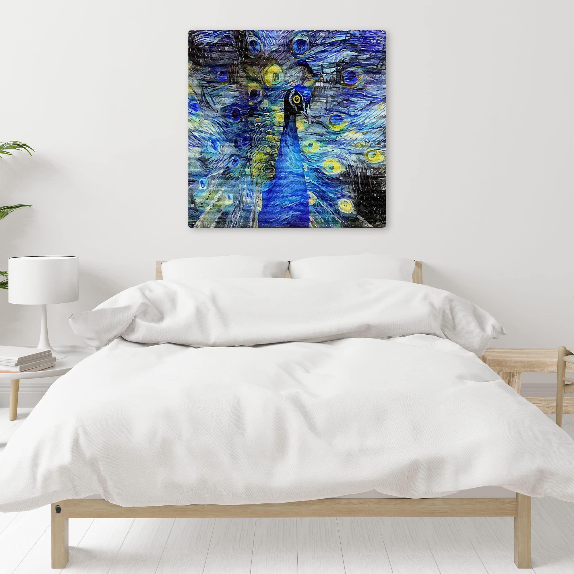 Blue abstract peacock with vibrant swirling and geometric digital patterns on square wall art above modern bed in minimalist bedroom