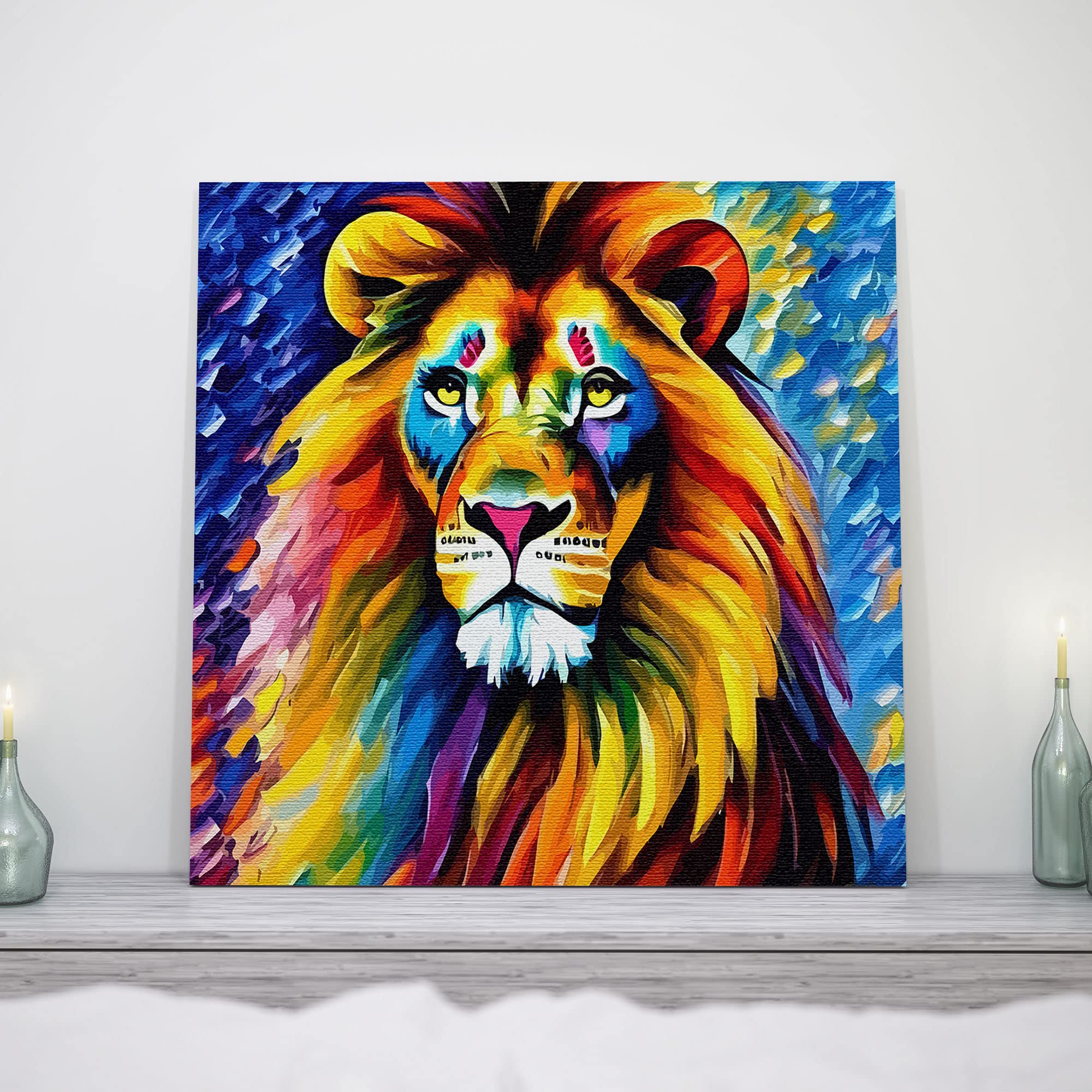 Colorful wise old lion artwork on square canvas displayed on white wall above wooden mantel with candles in bright room