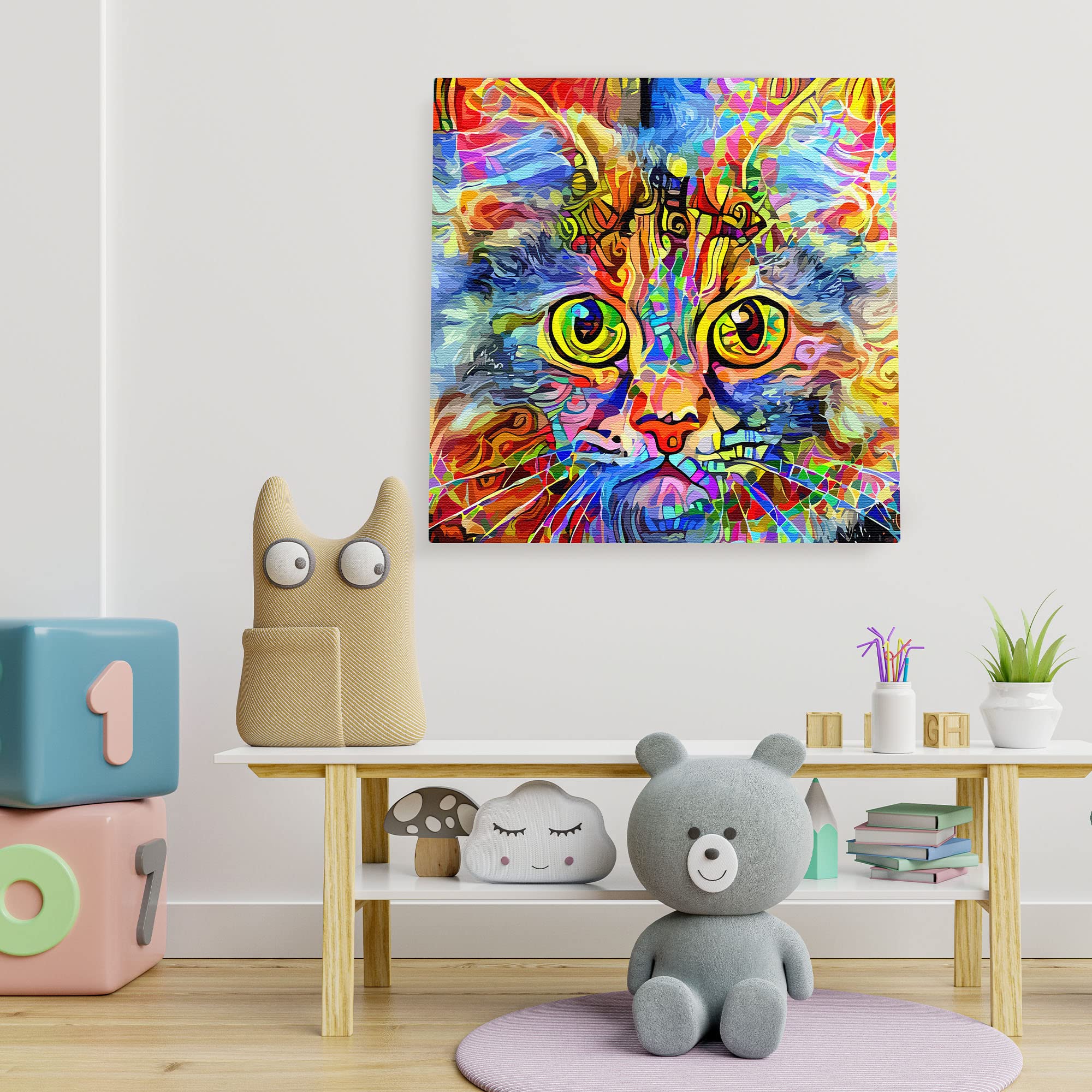 Bright cat art canvas with vivid multicolor abstract patterns and large expressive eyes on square canvas in children's room
