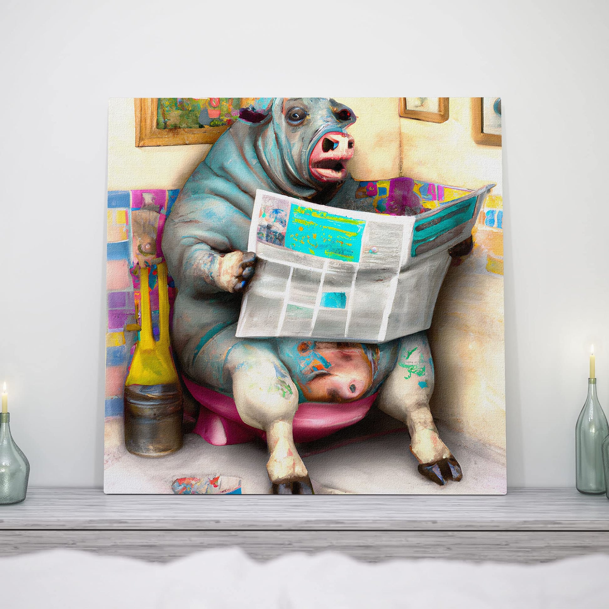 Colorful quirky funny pig bathroom wall art with cartoon pig sitting on pink toilet reading newspaper with bathroom decor and tiles