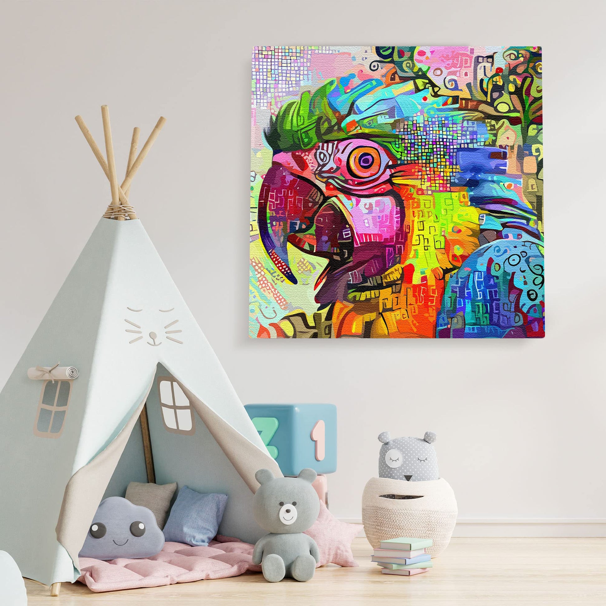 Vibrant abstract macaw with colorful geometric and mosaic patterns on square canvas wall art in children's playroom