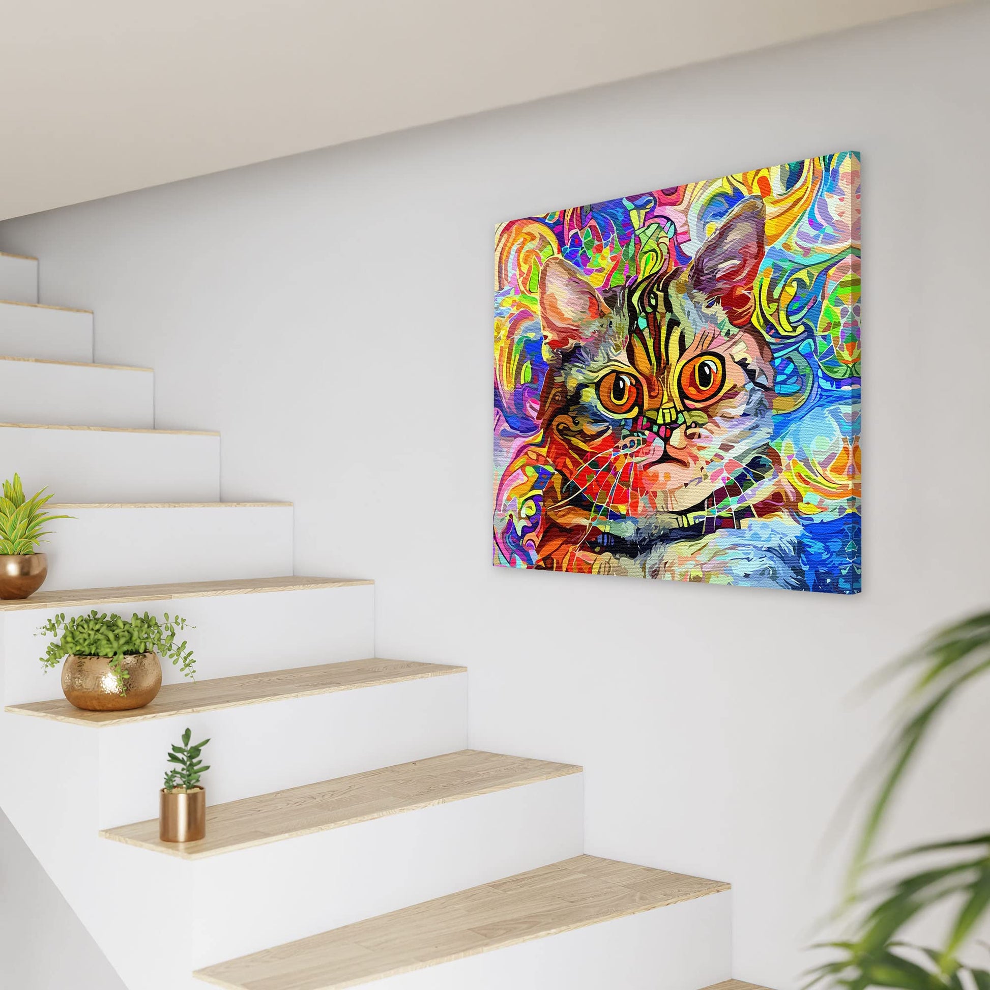 Colorful watercolor cat wall art with vibrant abstract swirls and bold lines on bright multicolor canvas above staircase