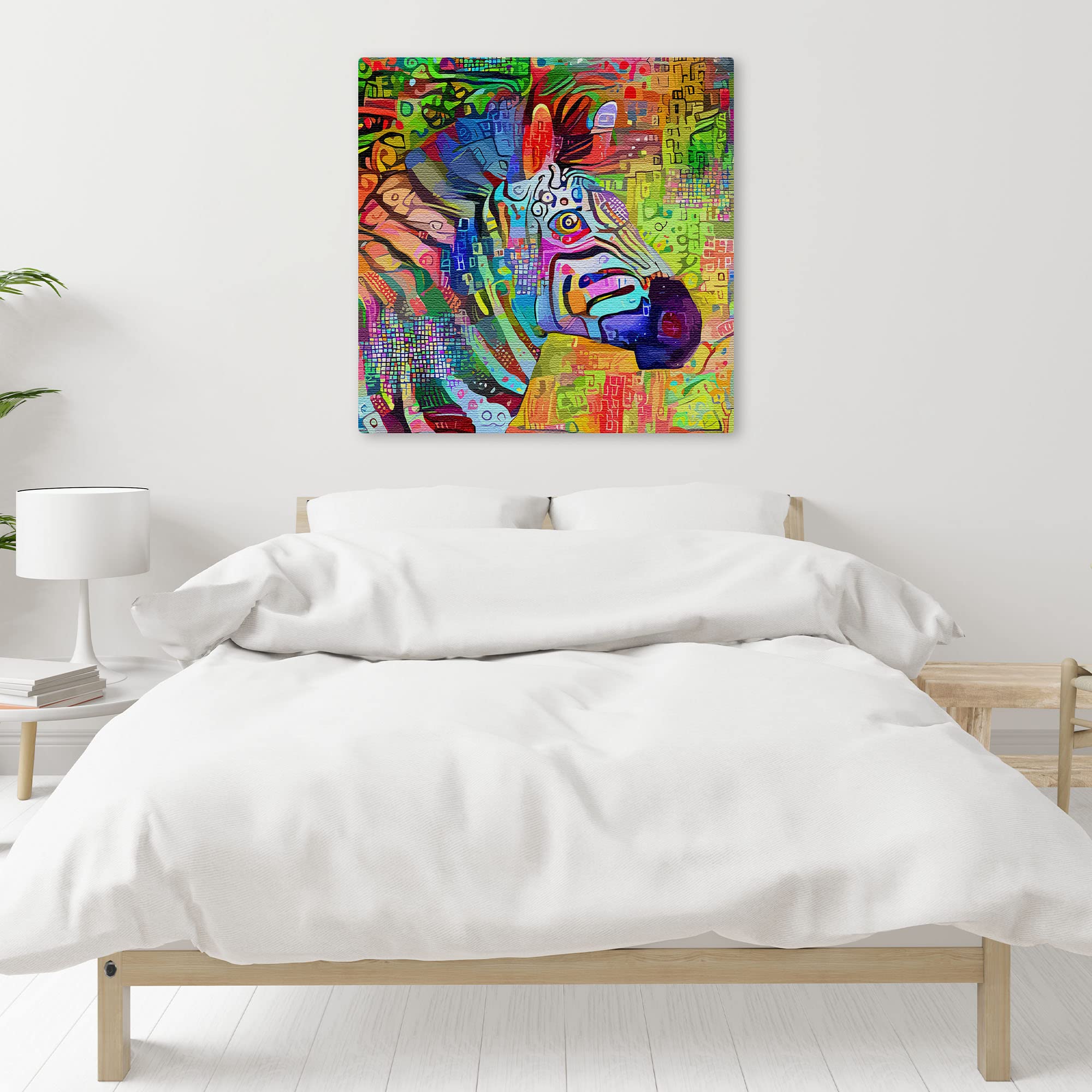 Multicolored abstract zebra head portrait with vibrant patterns printed on canvas hanging above bed in minimalist bedroom