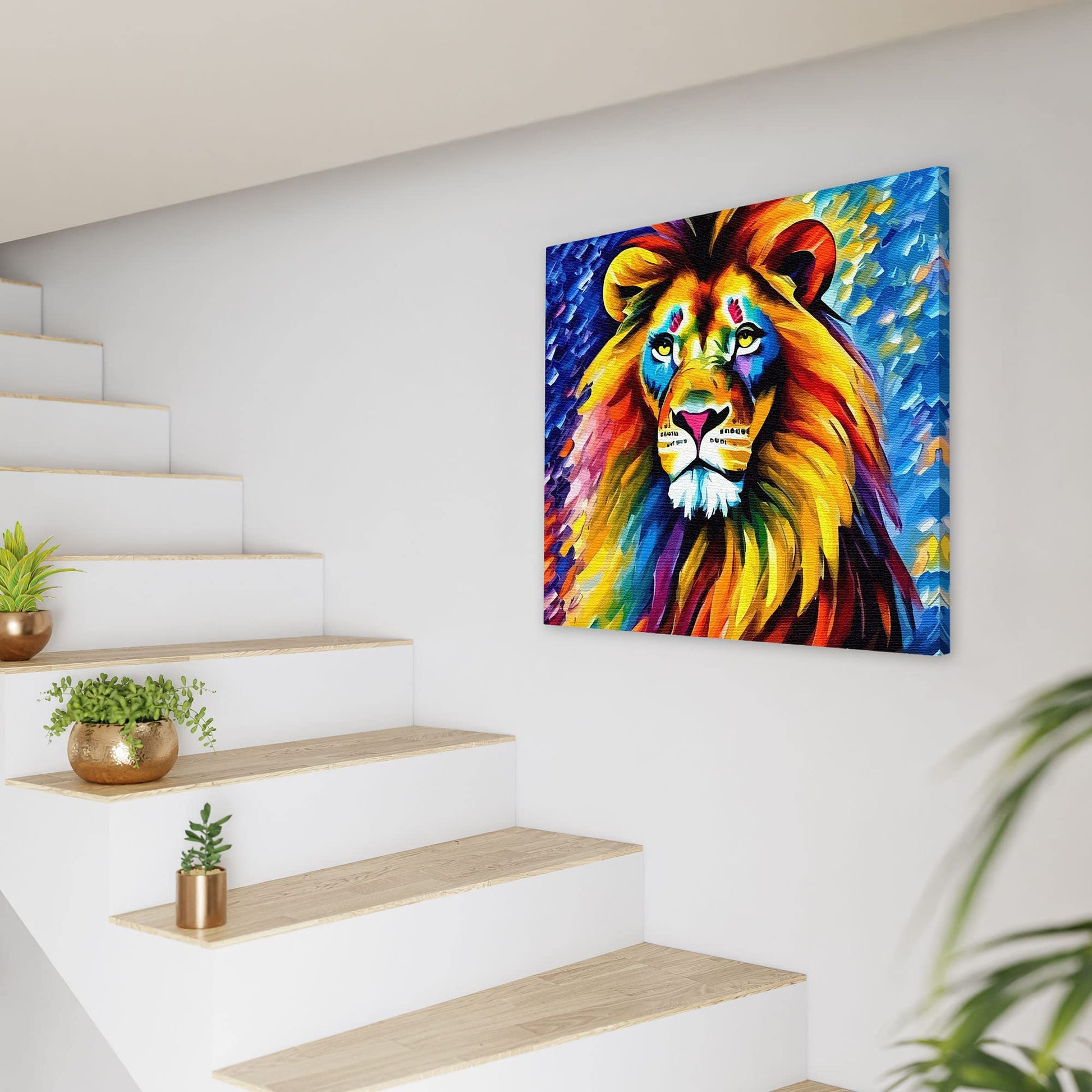Colorful wise old lion artwork on square canvas displayed on white wall near modern staircase with plants and decor