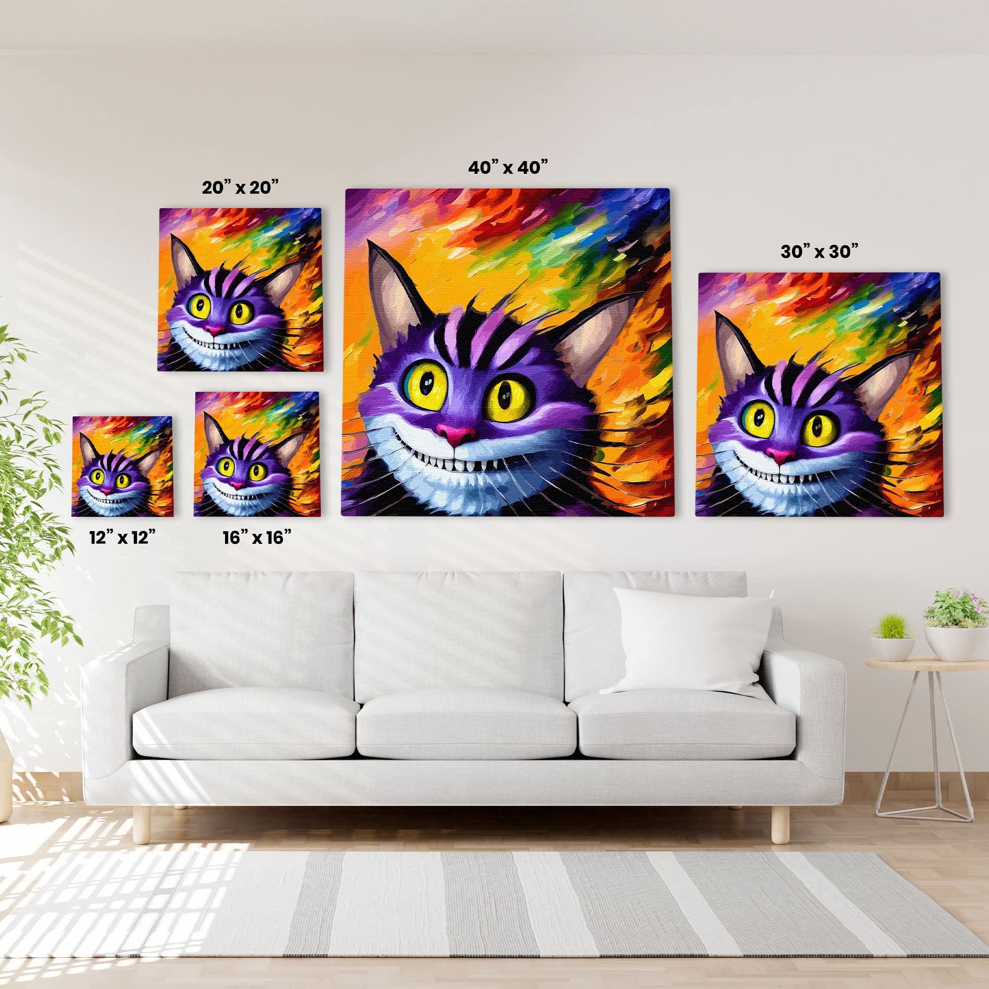 Vibrant purple Cheshire cat wall art with bright yellow eyes and wide grin on colorful abstract background above white sofa