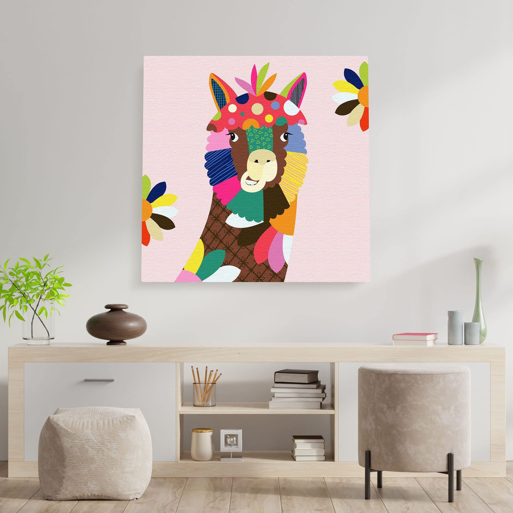 Colorful abstract alpaca nursery wall art with vibrant reds, pinks, blues, yellows, and greens in geometric and floral patterns