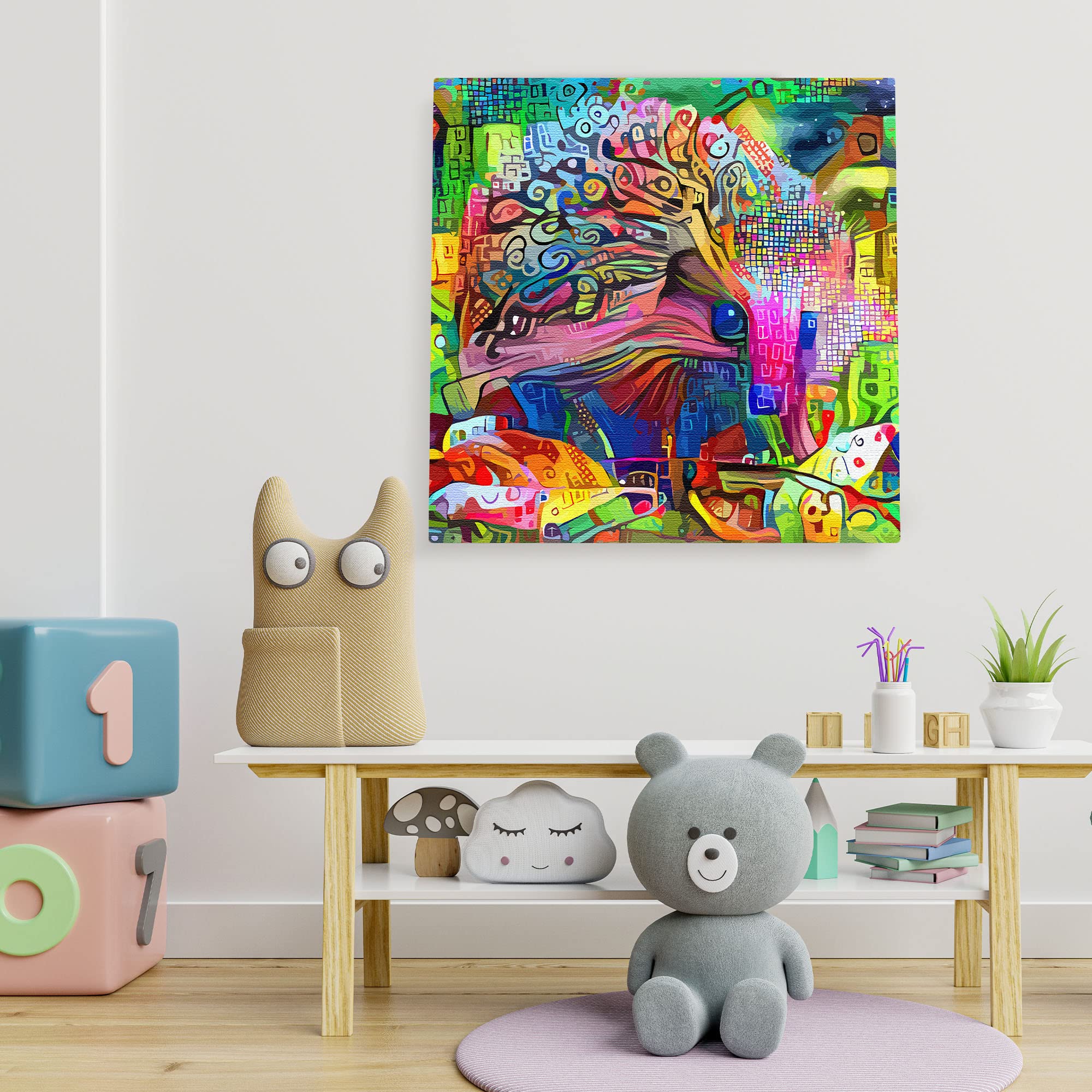 Colorful abstract cute hedgehog woodland animal art canvas in vibrant modern minimalist kids room decor setting