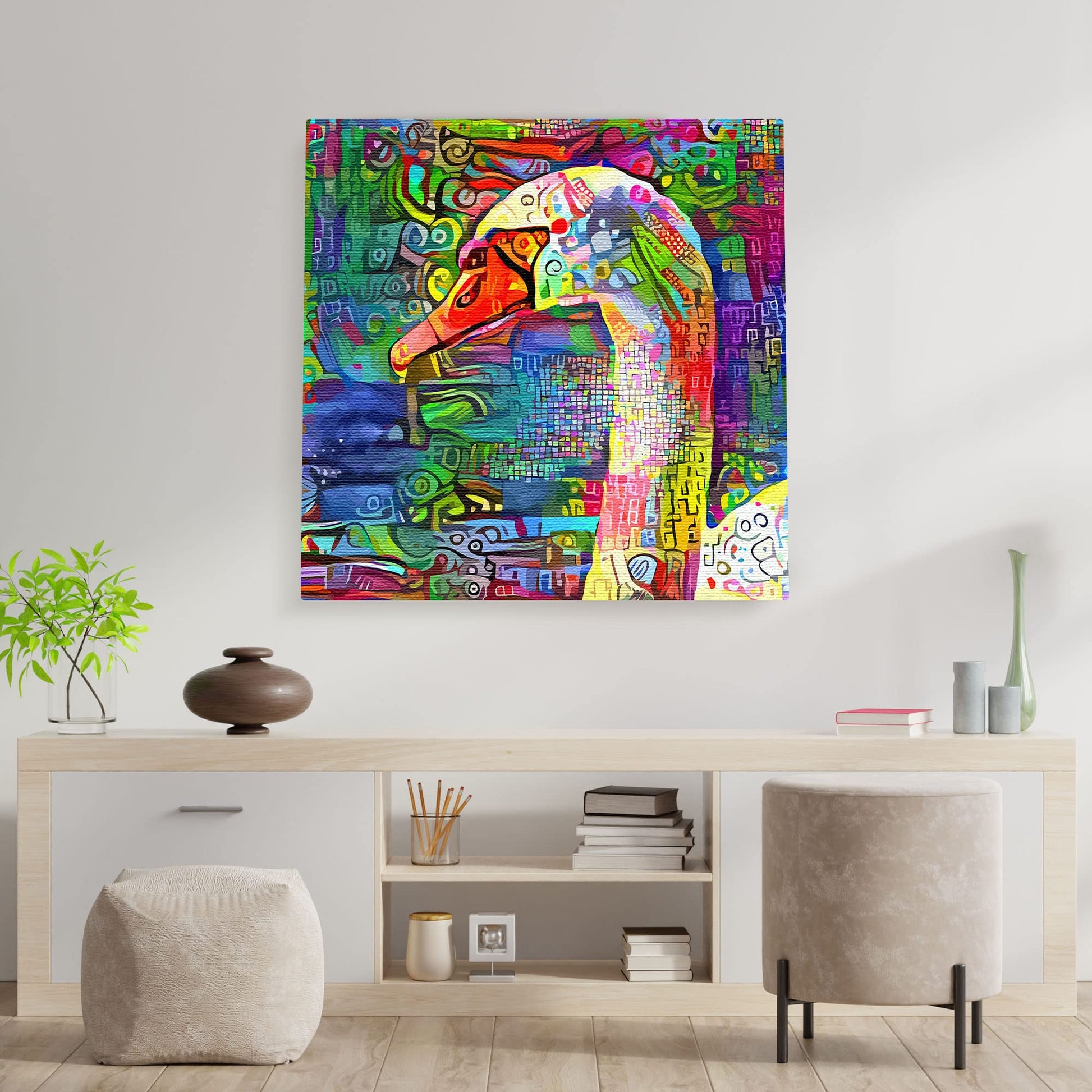 Abstract colorful white swan head with vibrant geometric and intricate patterns on multicolor background printed on square canvas wall art