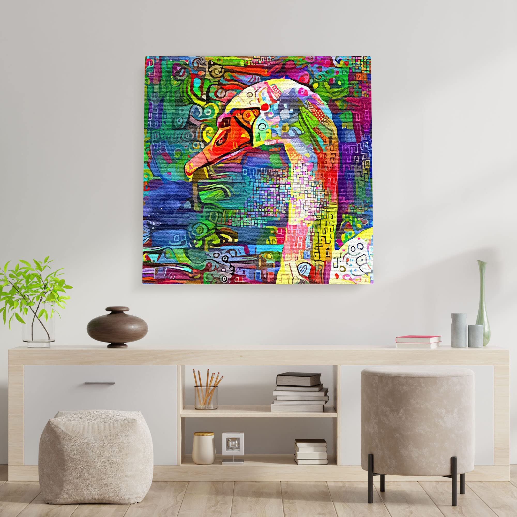 Abstract colorful white swan head with vibrant geometric and intricate patterns on multicolor background printed on square canvas wall art