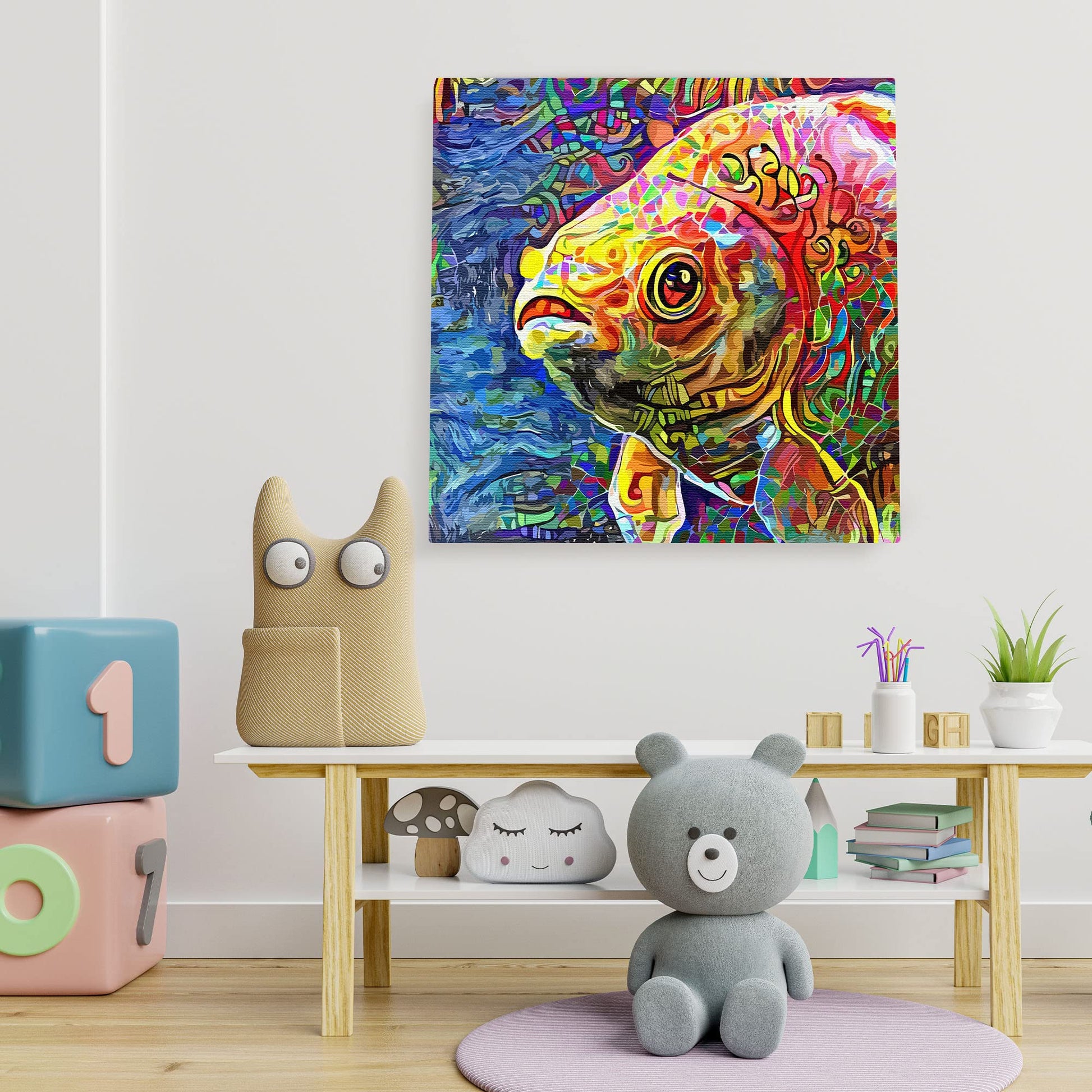 Colorful abstract koi fish art with vibrant patterns on canvas hanging on white wall in children's playroom