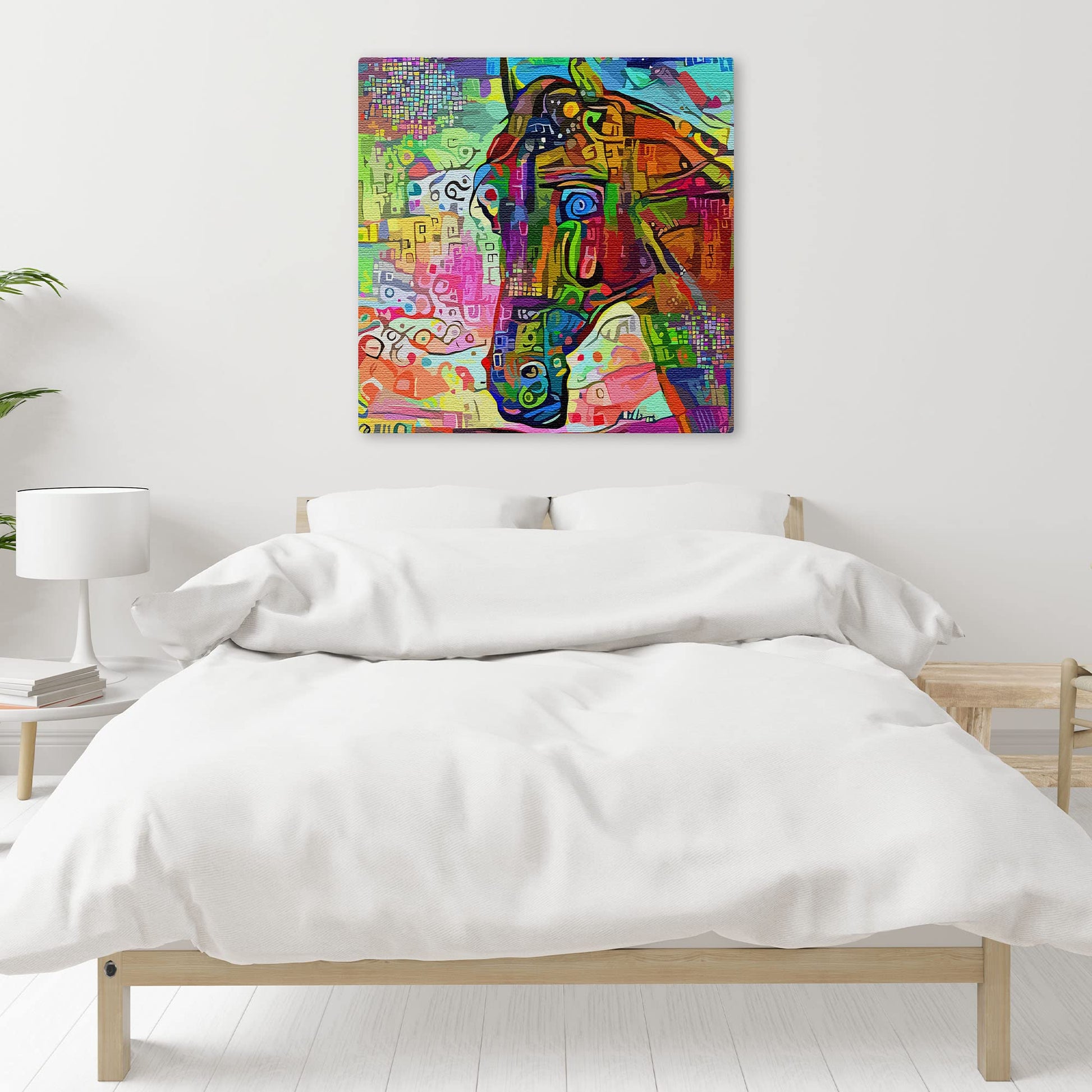 Colorful abstract horse art canvas on textured fabric displayed in modern minimalist bright bedroom setting