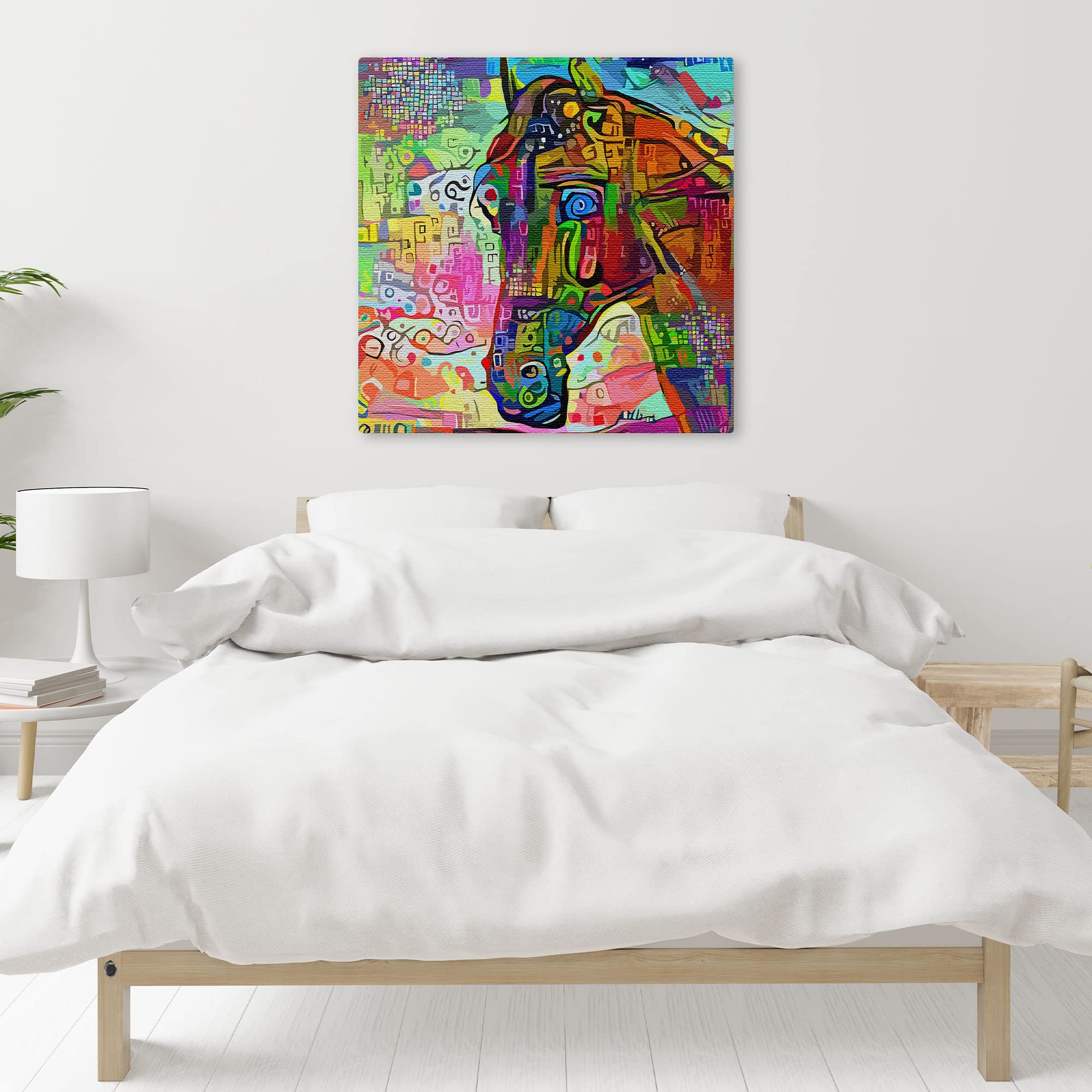 Colorful abstract horse art canvas on textured fabric displayed in modern minimalist bright bedroom setting