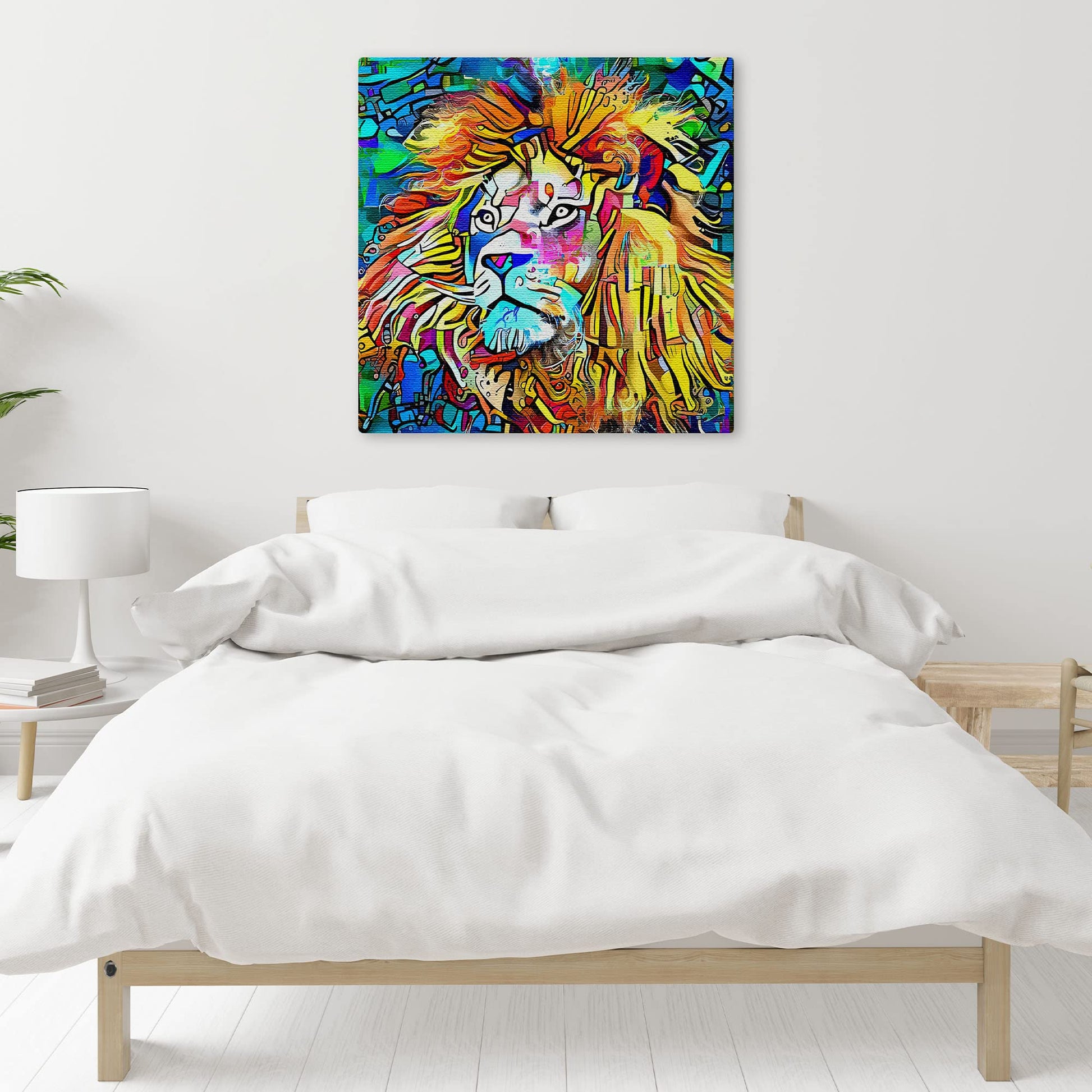 Vibrant colorful majestic king of the jungle lion artwork on square canvas displayed on white wall above minimal wood bed in bright bedroom