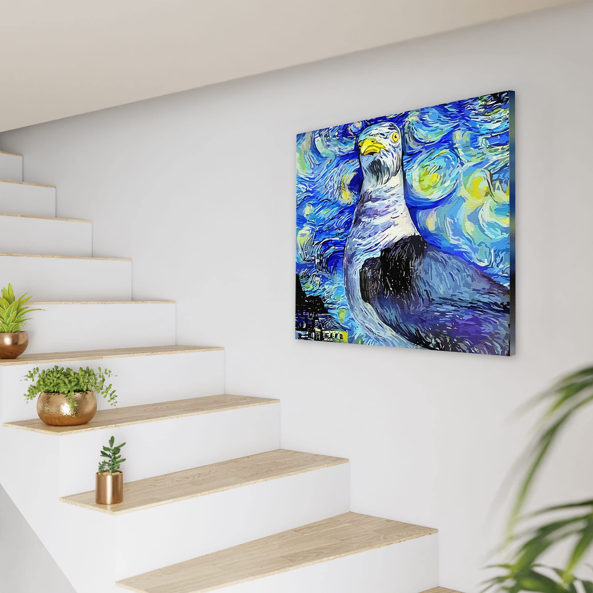 Blue abstract seagull with swirling starry night sky and vibrant brushstroke patterns on square canvas wall art