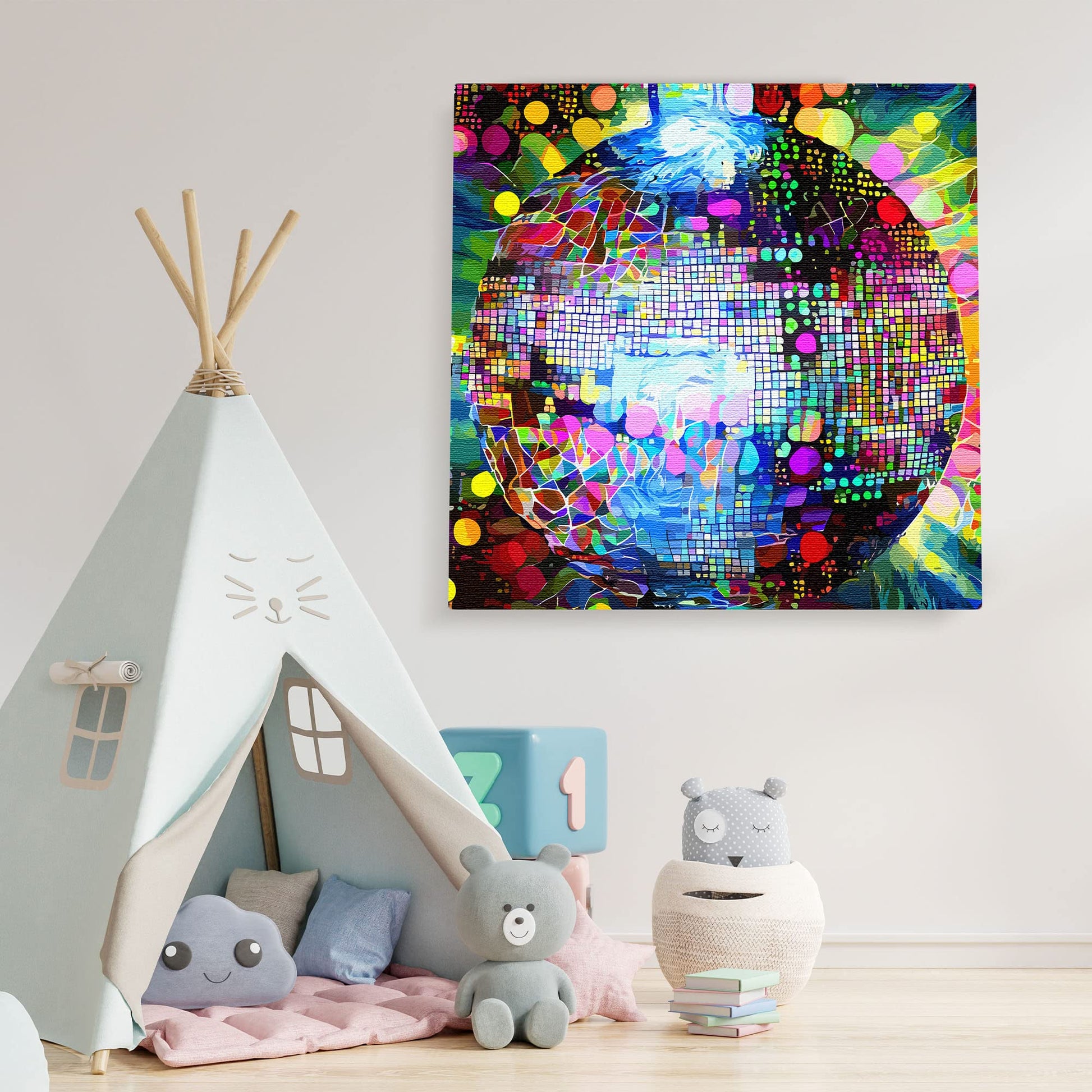 Colorful abstract disco ball wall art with vibrant geometric mosaic patterns on square canvas in bright hues hanging on white wall