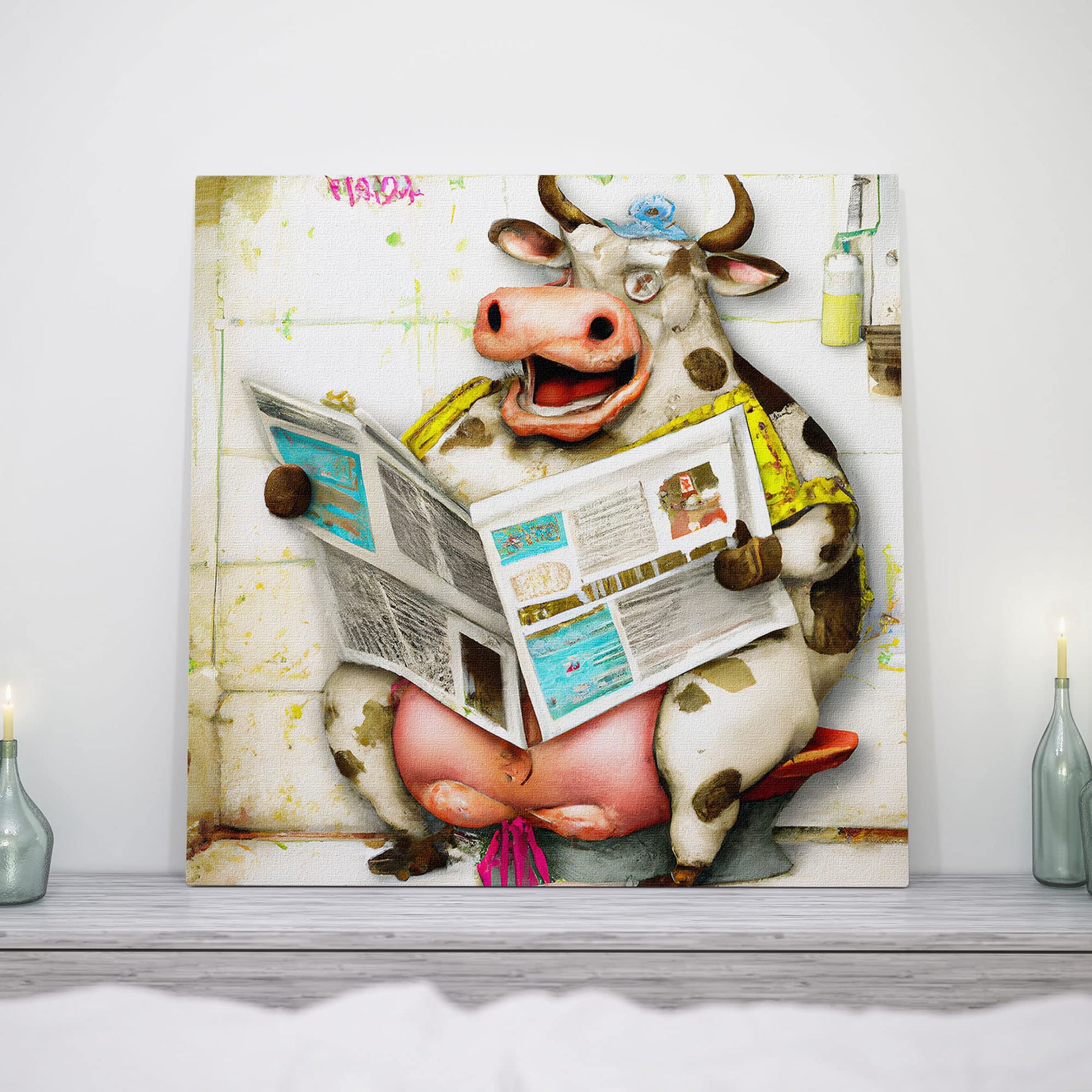 Colorful whimsical funny cow bathroom wall art with cartoon cow sitting on toilet reading newspaper with bathroom decor on wall