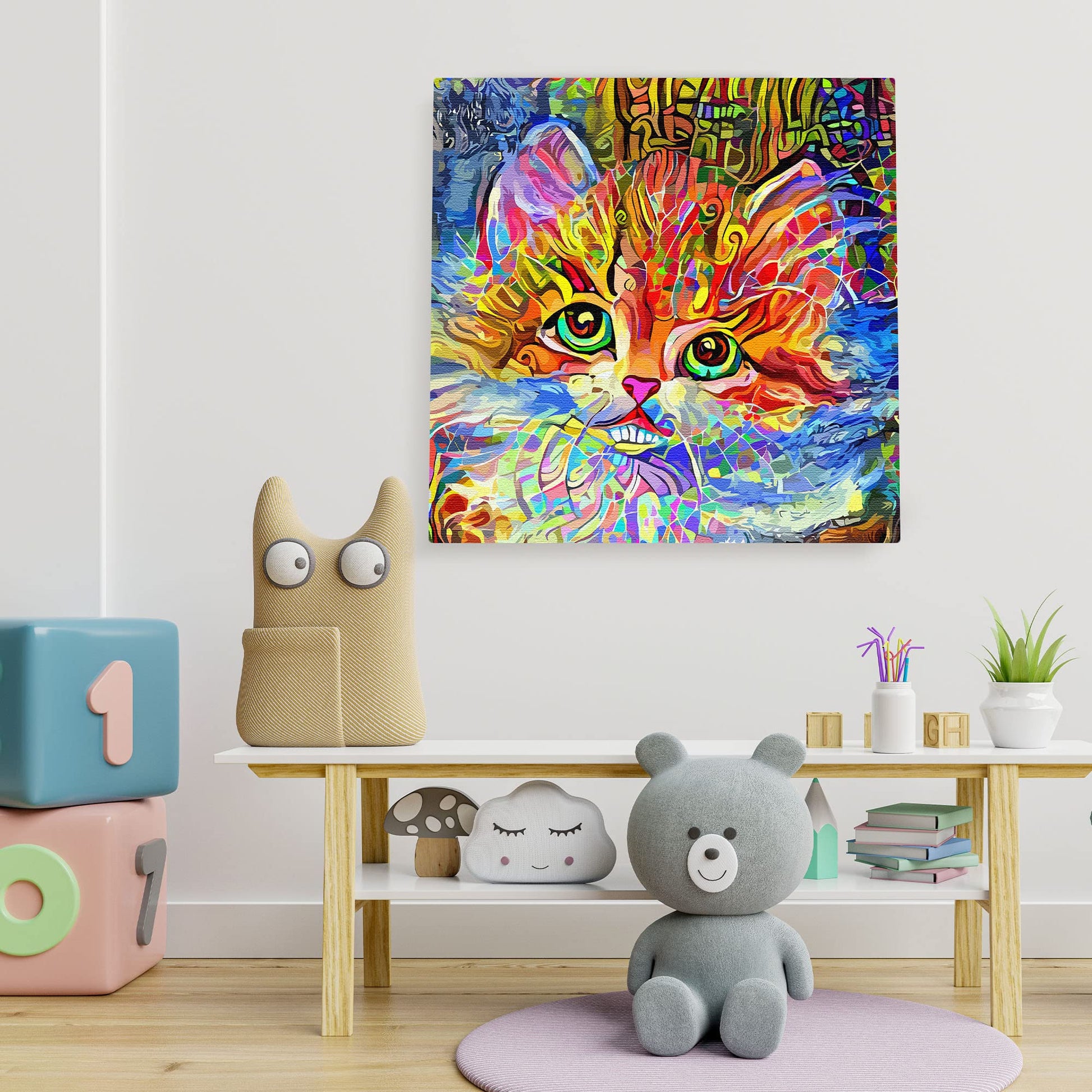 Colorful cat wall art with vivid abstract patterns and large expressive green eyes on square canvas in playful nursery setting