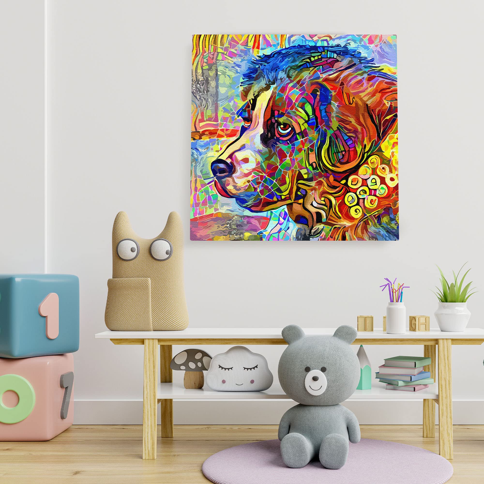 Colorful abstract Newfoundland dog art with vibrant multicolor geometric and mosaic patterns on square canvas in bright detail