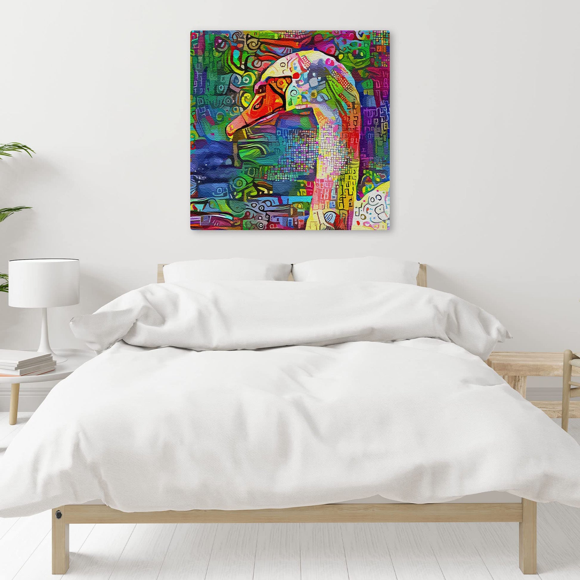 Abstract colorful white swan head with vibrant geometric and intricate patterns on multicolor background printed on square canvas above bed