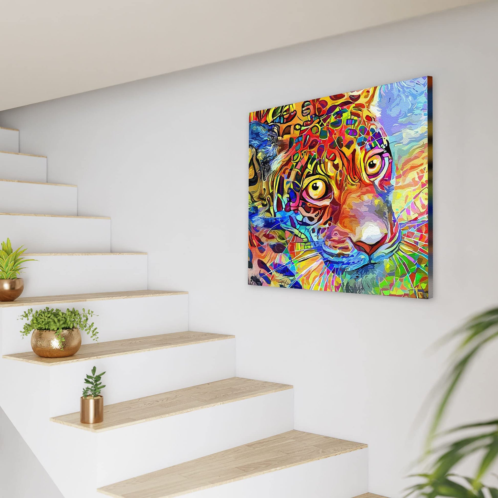 Colorful abstract leopard face wall art with vibrant geometric patterns on textured canvas in modern stairwell setting