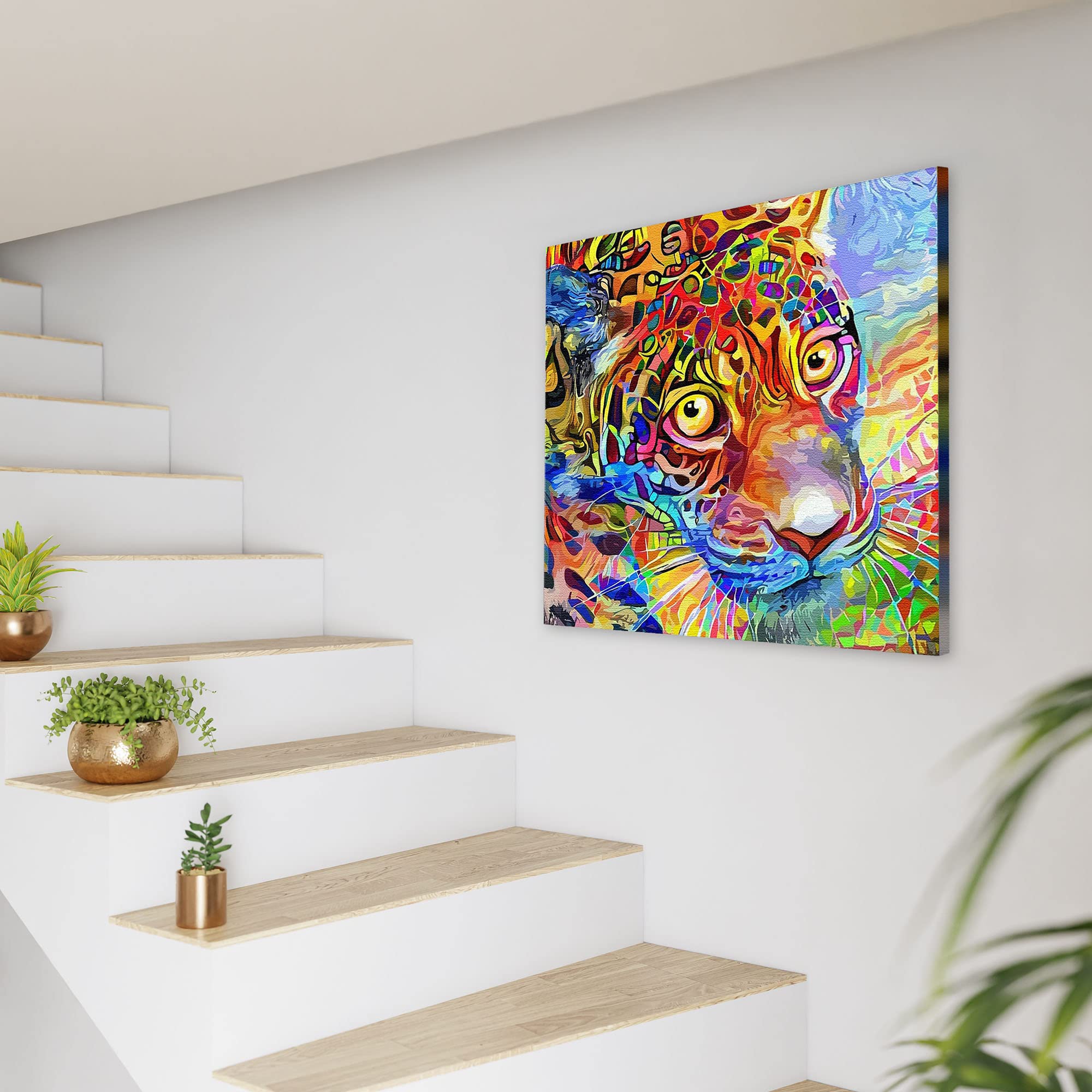 Colorful abstract leopard face wall art with vibrant geometric patterns on textured canvas in modern stairwell setting