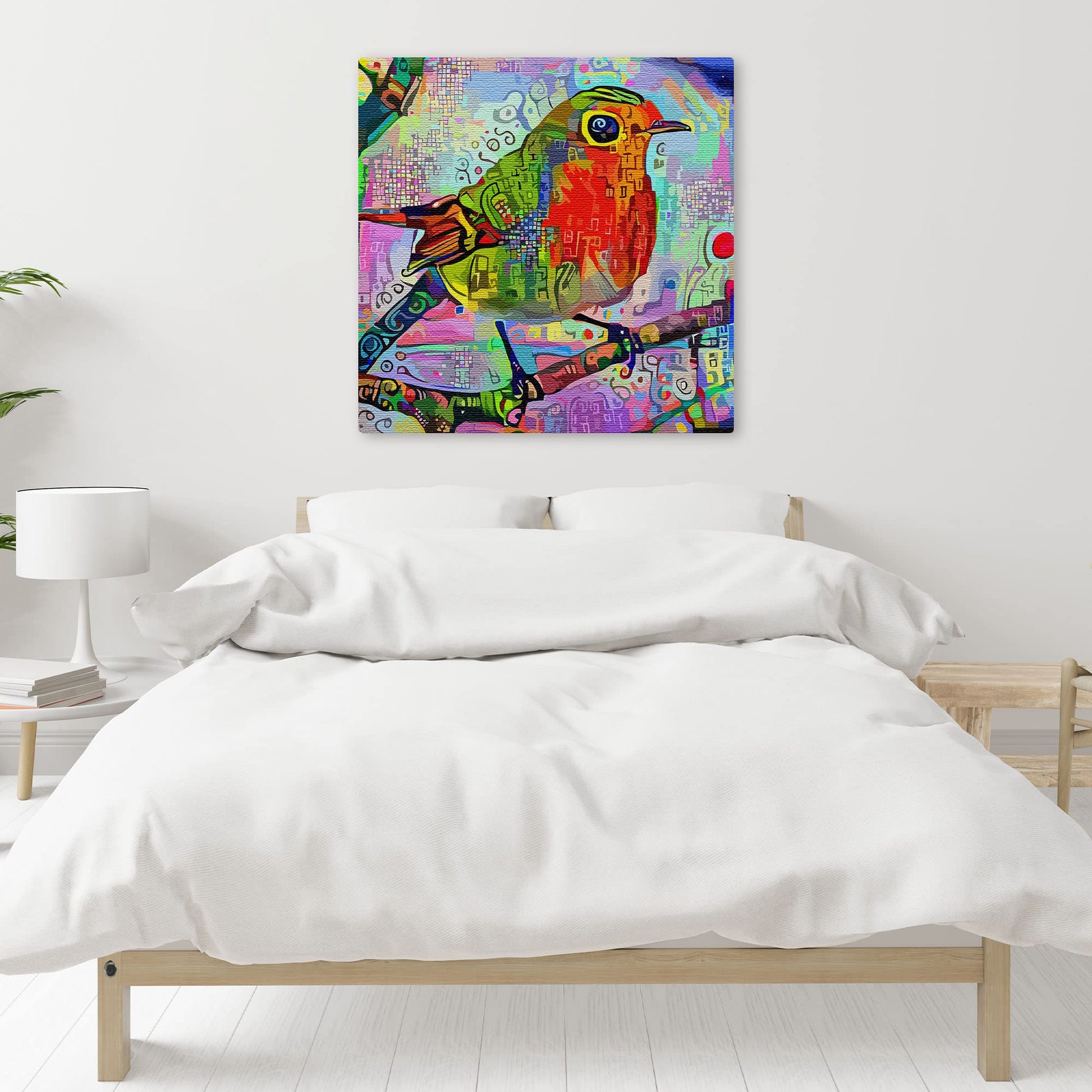 Abstract red robin with vibrant colorful geometric and intricate digital patterns on square canvas wall art above bed