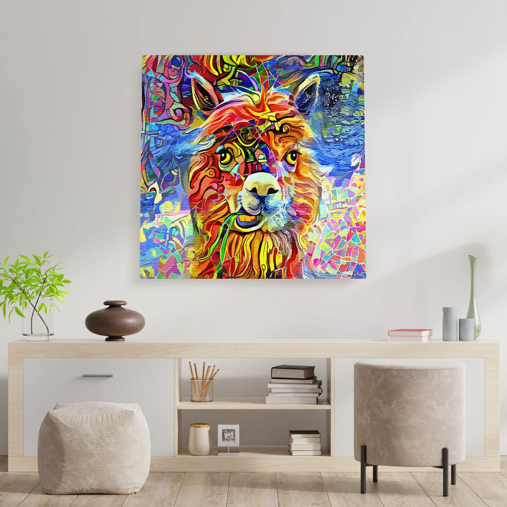 Colorful geometric alpaca artwork canvas with vibrant reds, blues, yellows, greens, and purples in abstract patterns