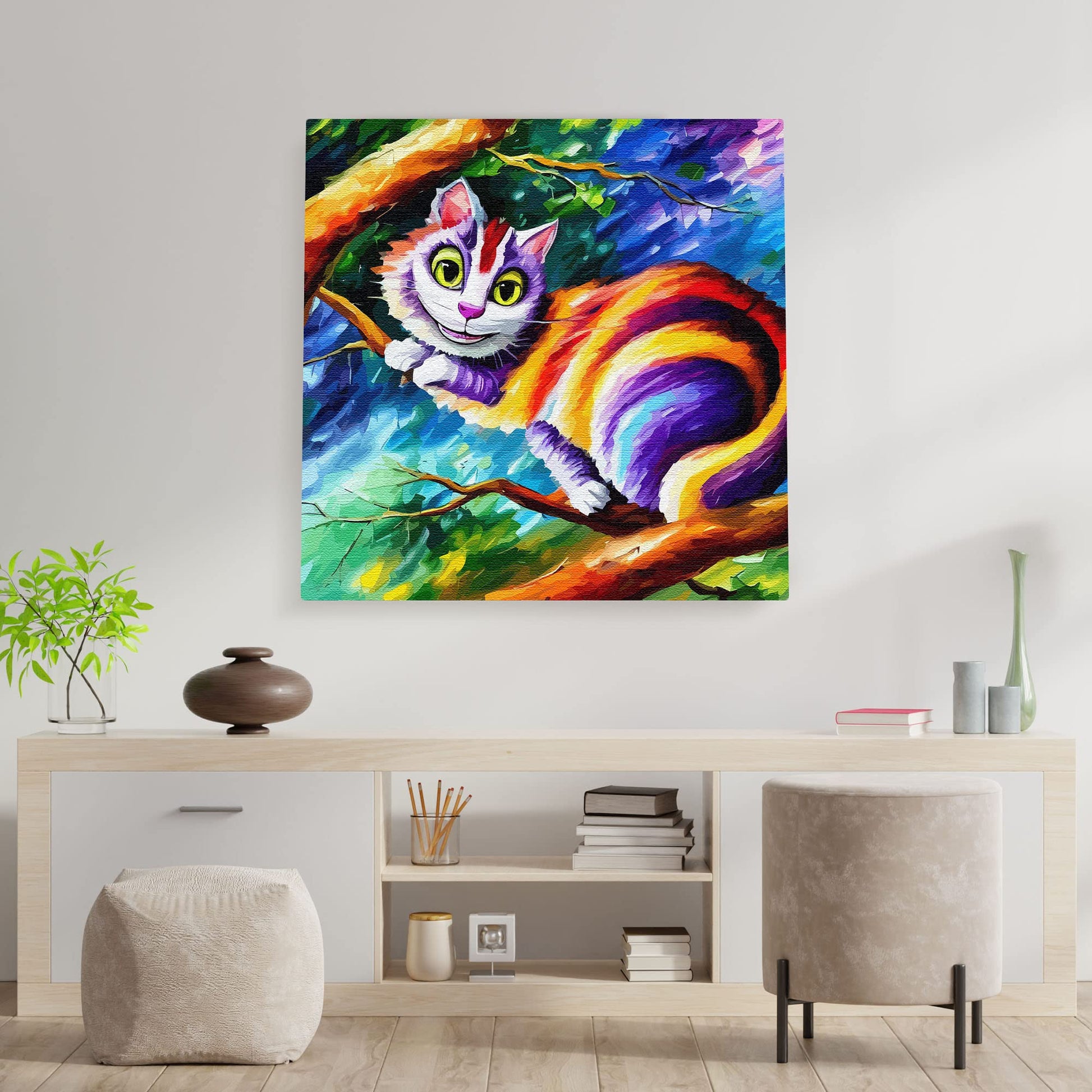 Colorful Cheshire cat wall art with bright purple and orange stripes perched on tree branch against vibrant blue and green background