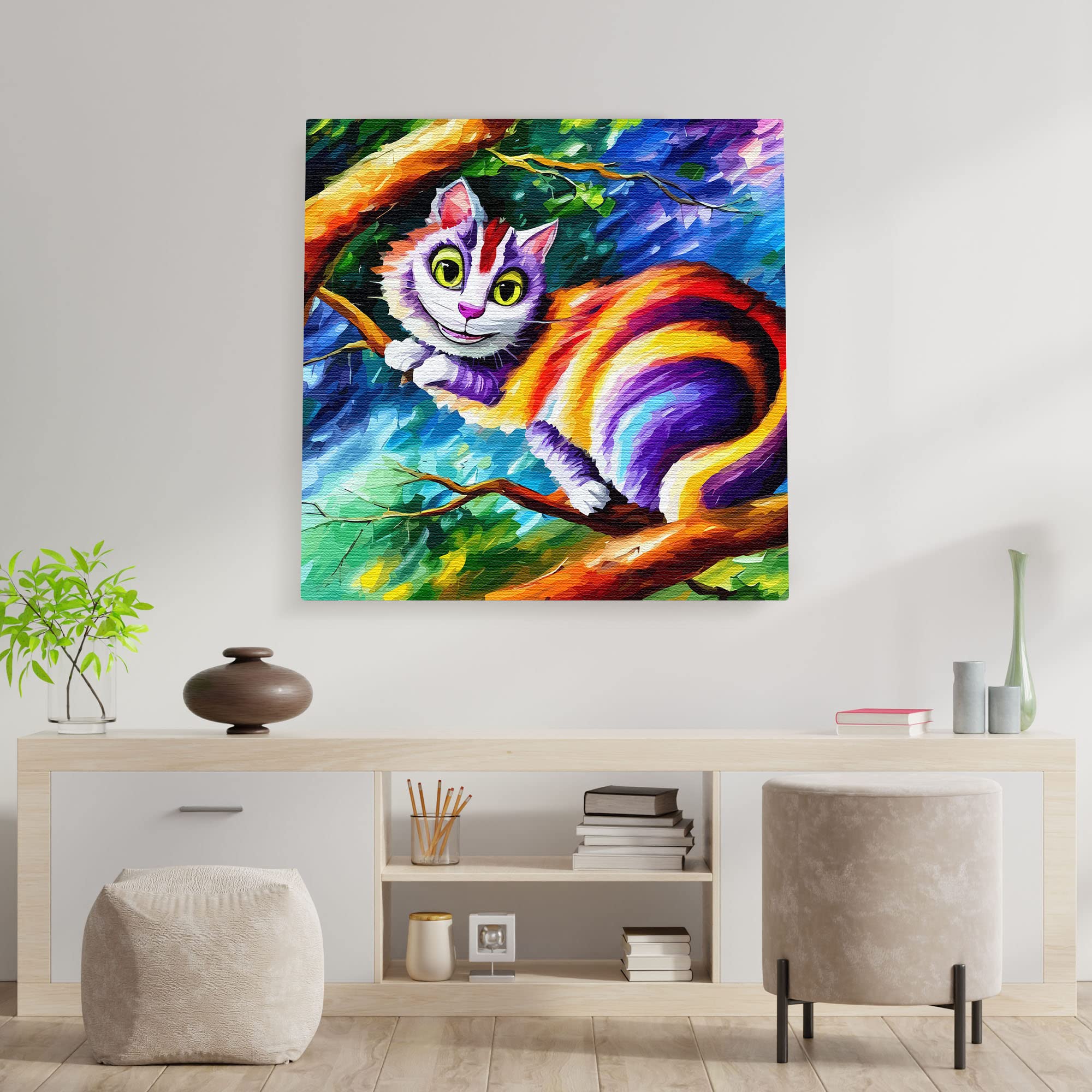 Colorful Cheshire cat wall art with bright purple and orange stripes perched on tree branch against vibrant blue and green background