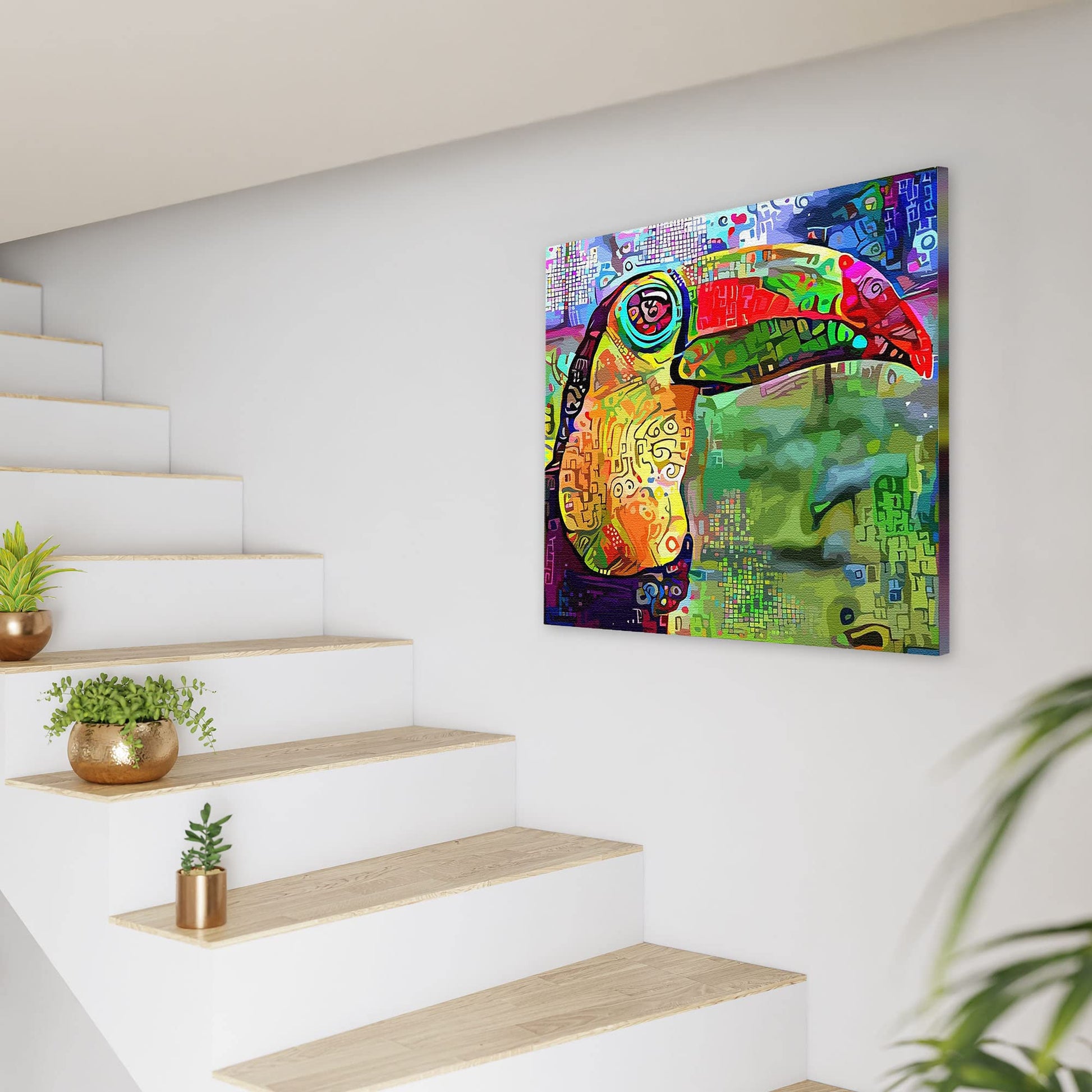 Colorful abstract toucan with vibrant geometric patterns on multicolor background printed on square canvas above staircase