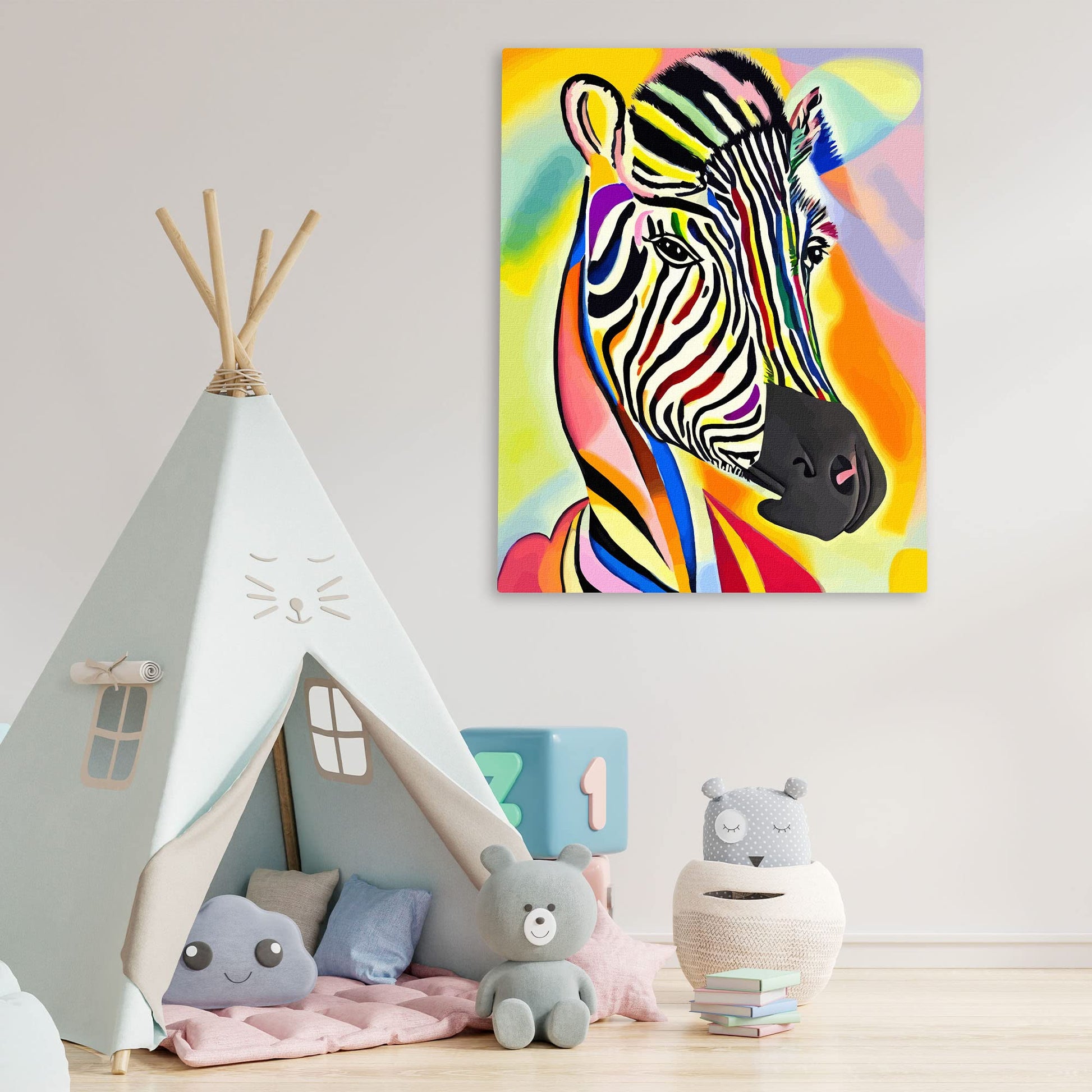 Colorful abstract zebra portrait with vibrant rainbow stripes printed on canvas hanging on wall in playful kids room