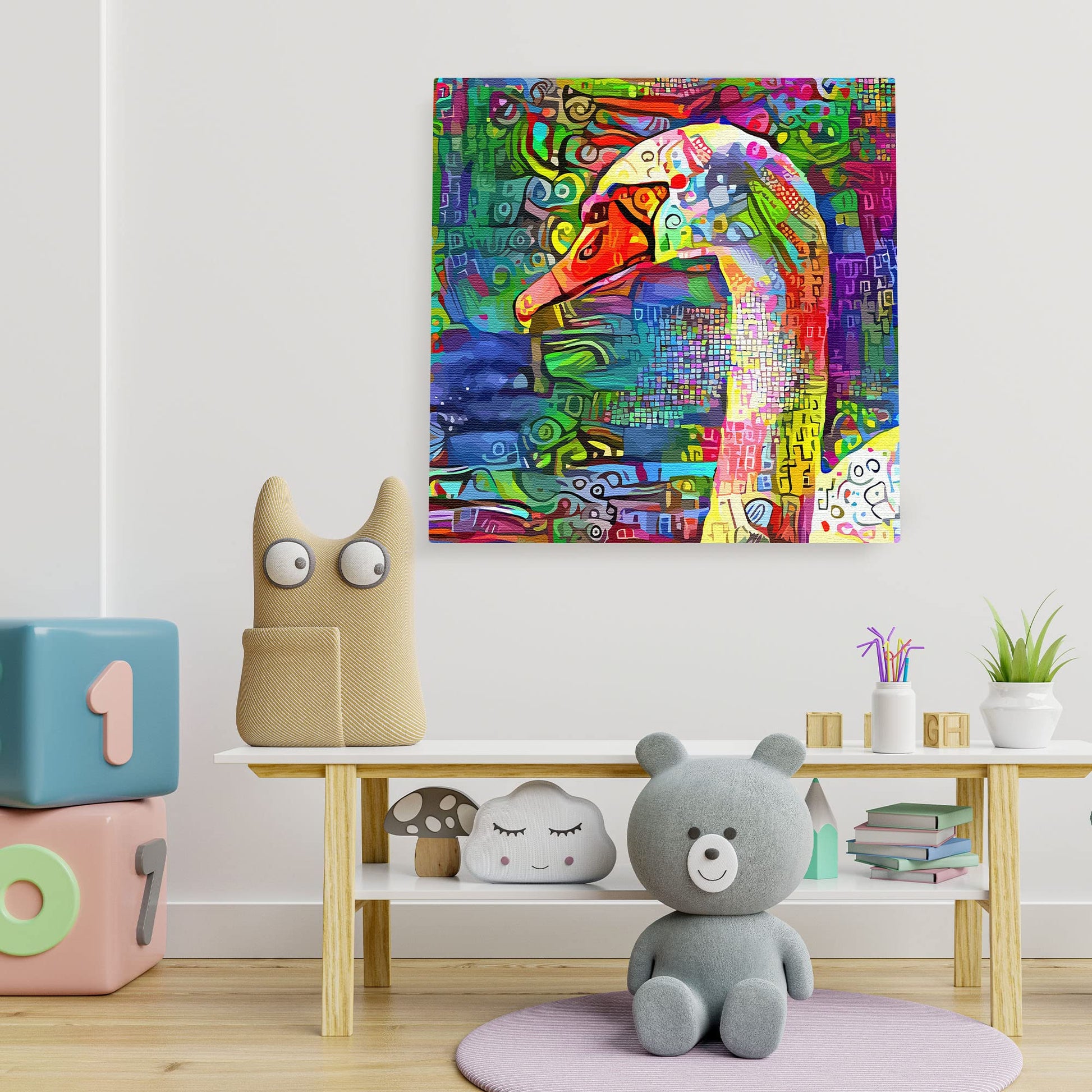 Abstract colorful white swan head with vibrant geometric and intricate patterns on multicolor background printed on square canvas wall art