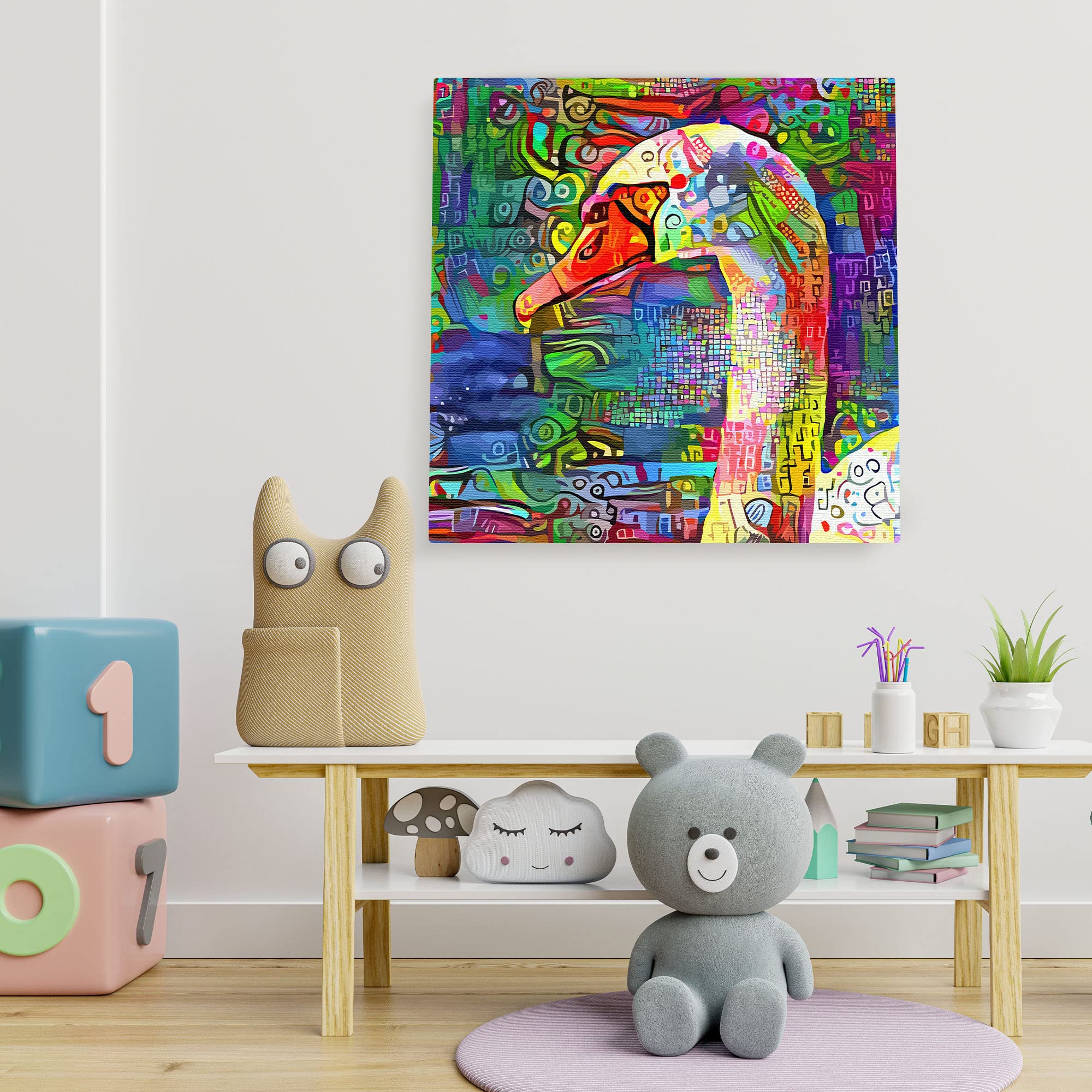 Abstract colorful white swan head with vibrant geometric and intricate patterns on multicolor background printed on square canvas wall art