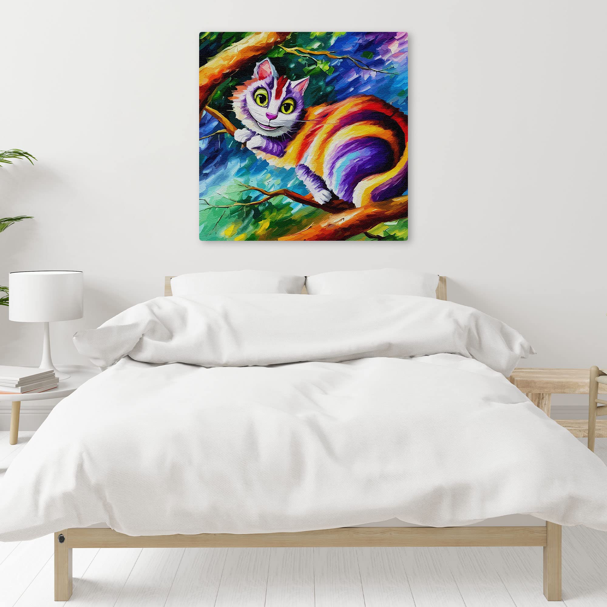 Colorful Cheshire cat wall art with bright orange, purple, and red stripes perched on tree branch against vibrant blue and green background