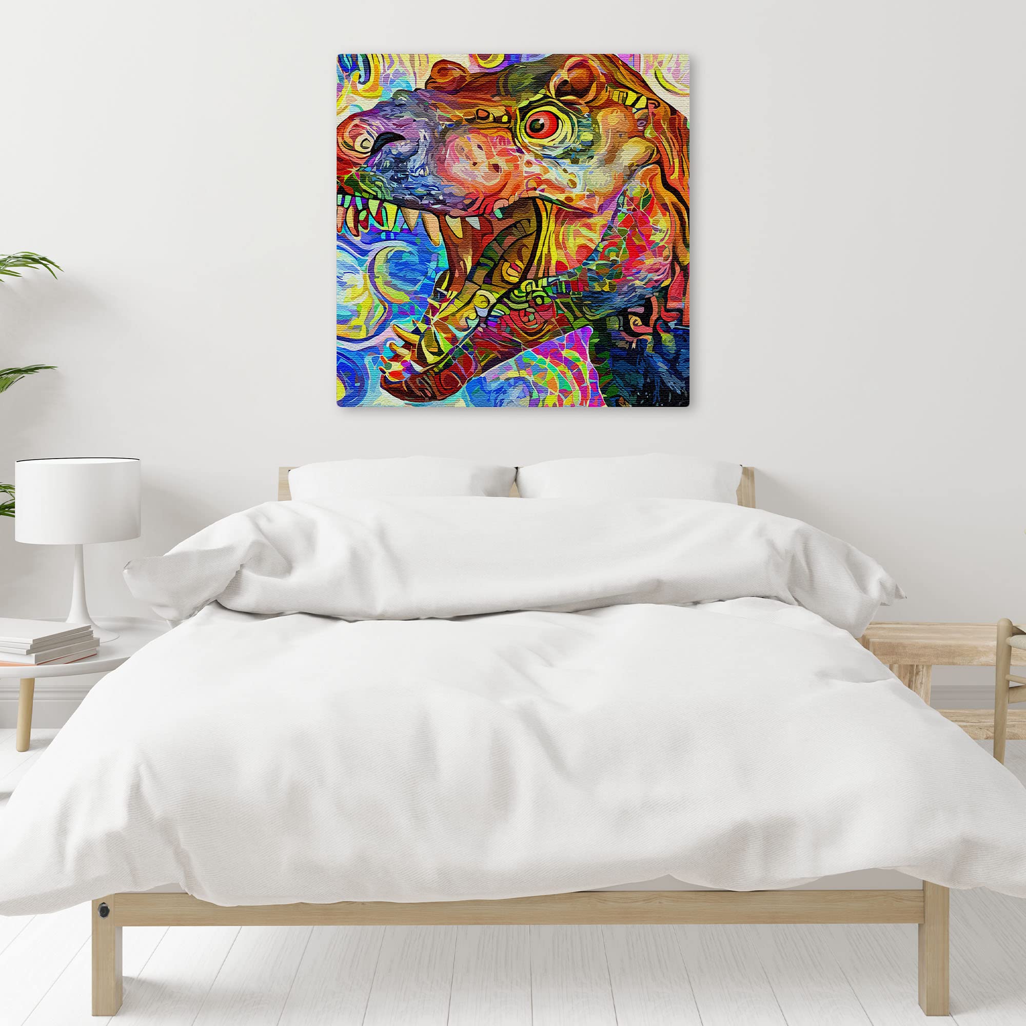 Vibrant colorful abstract T-Rex dinosaur wall art with bold swirling patterns on square canvas above modern white bed