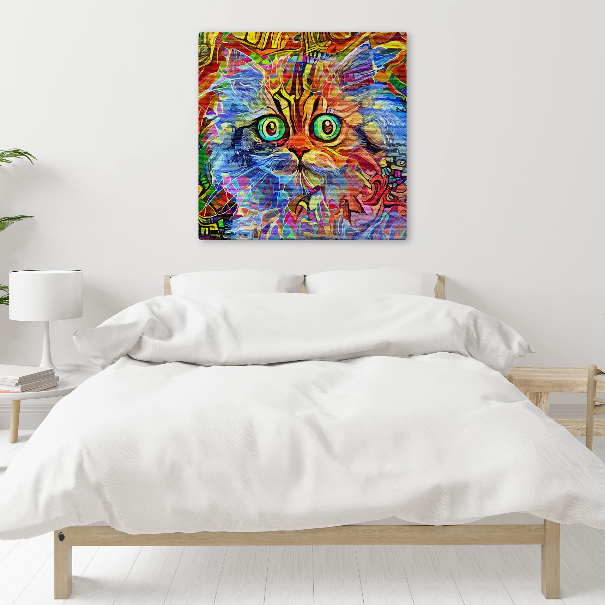 Vibrant multicolor cat wall art with bold geometric patterns and large bright eyes on square canvas above modern bed