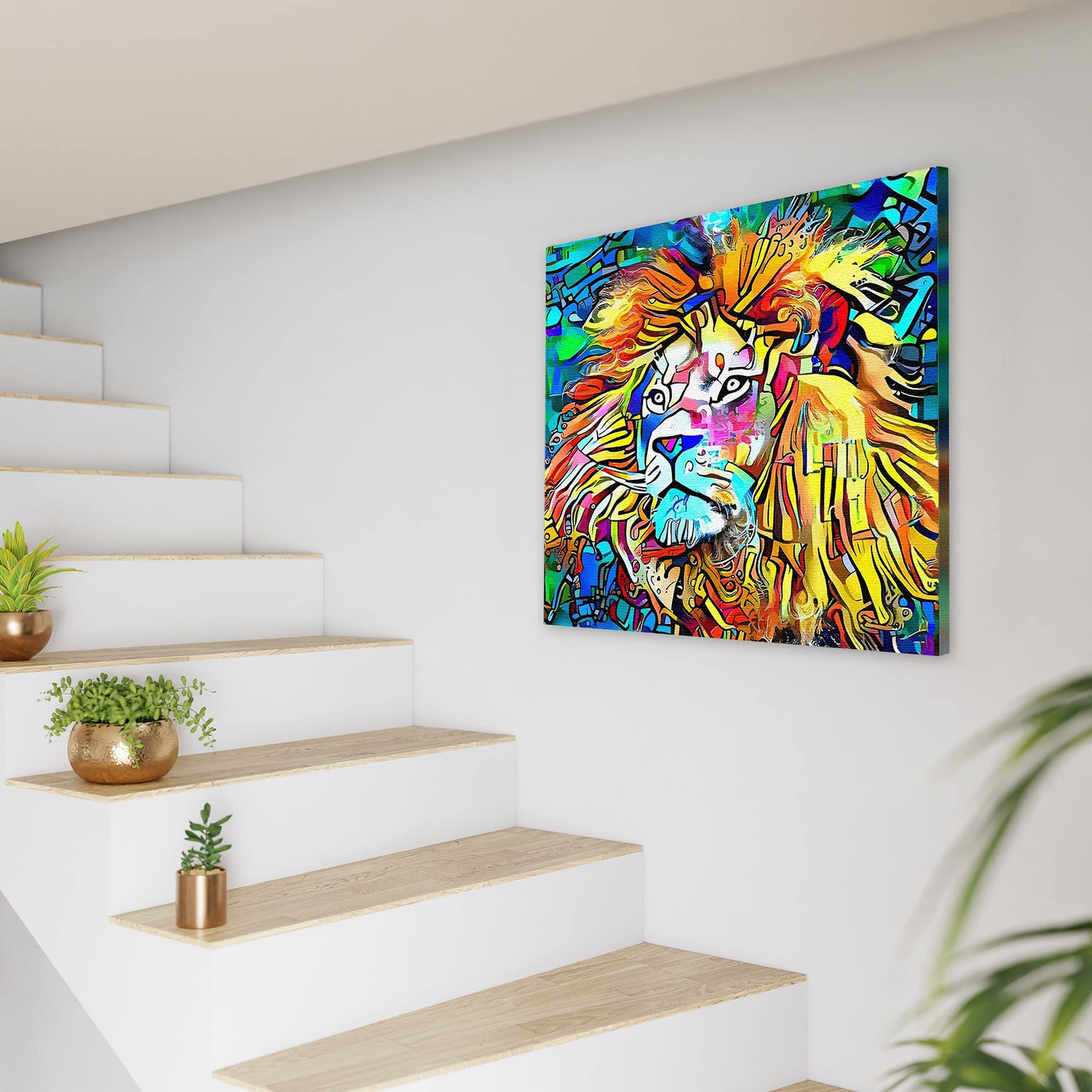 Vibrant colorful majestic king of the jungle lion artwork on square canvas displayed on white wall near modern staircase