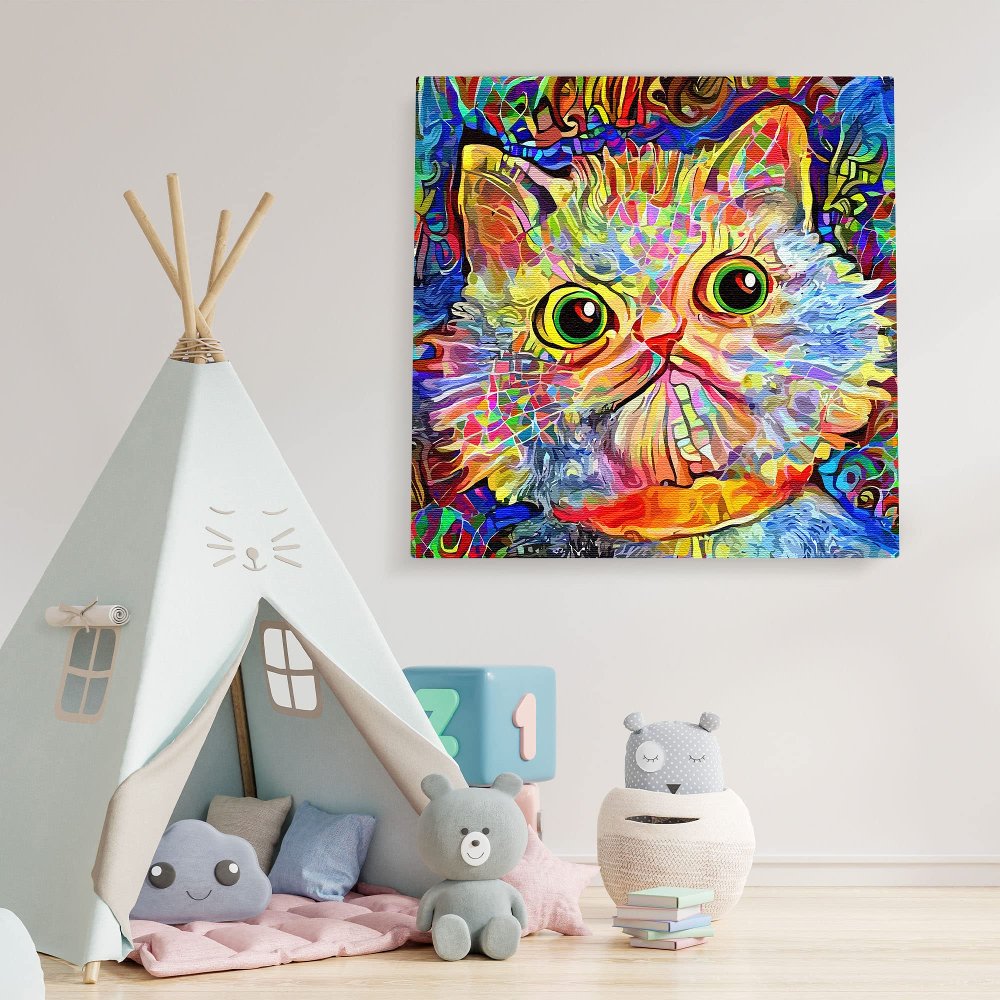 Colorful funny cat wall art with vibrant abstract patterns on square canvas displayed in playful children's room setting