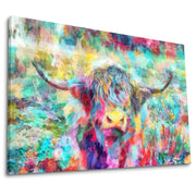 Abstract colorful Highland cow watercolor canvas artwork with vibrant blues, reds, yellows, and purples in fluid painterly style