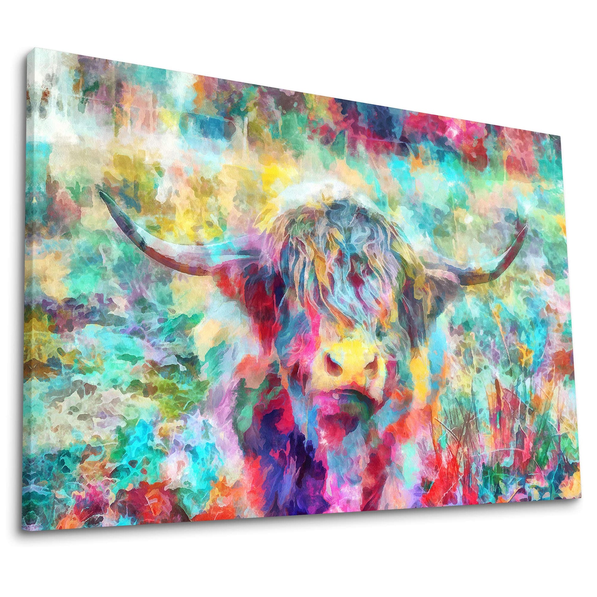 Abstract colorful Highland cow watercolor canvas artwork with vibrant blues, reds, yellows, and purples in fluid painterly style