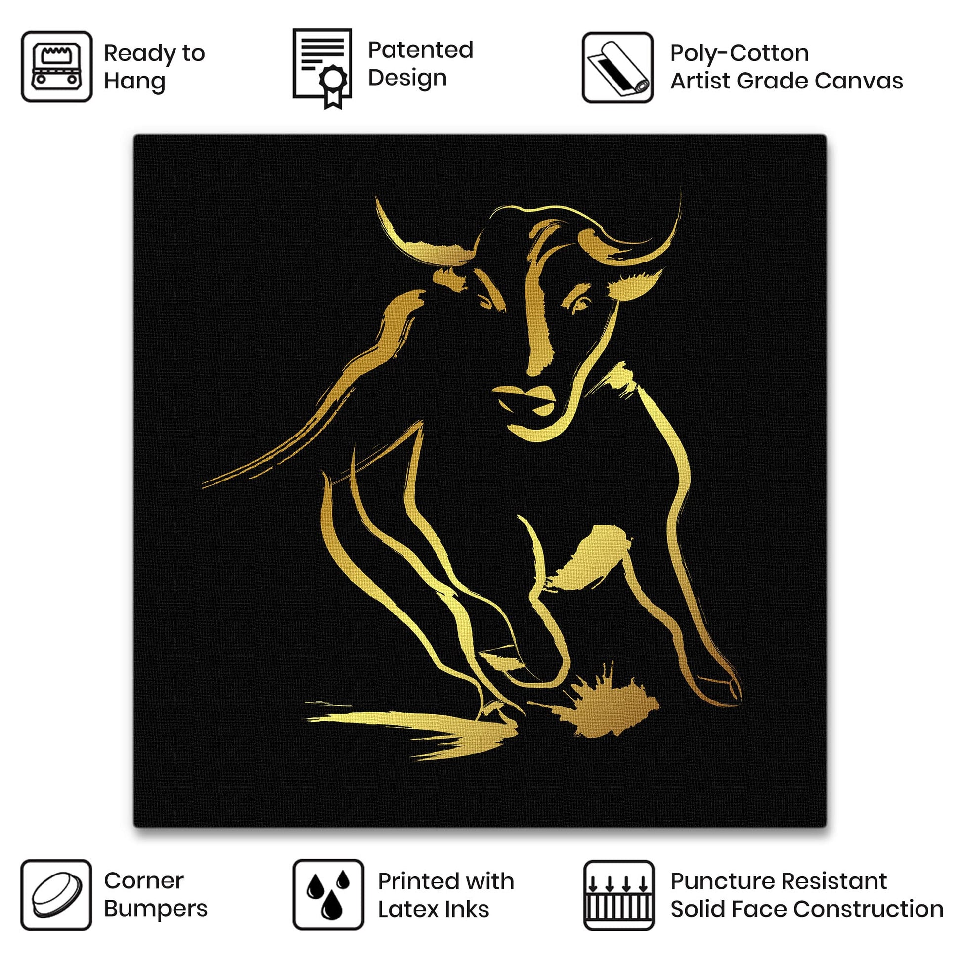Black and gold abstract bull art with sleek brushstroke design on square canvas shown with product feature icons on white background
