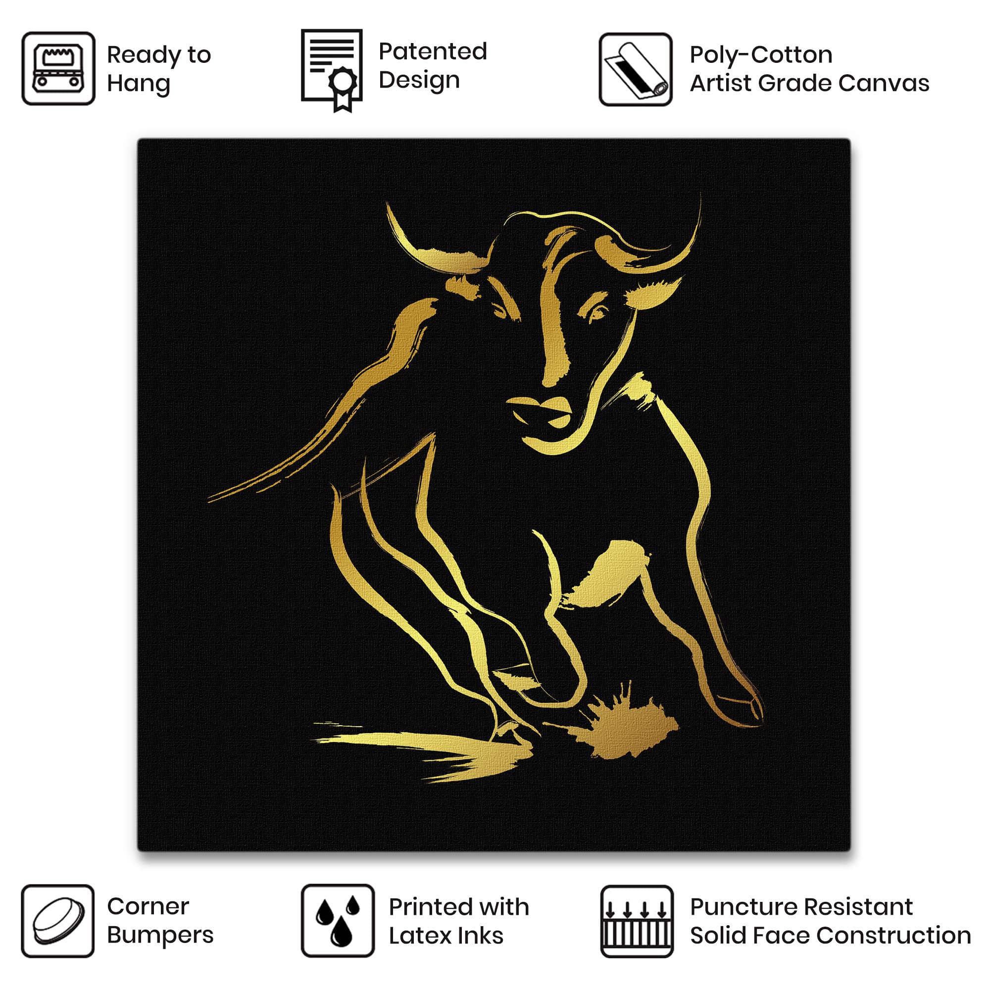 Black and gold abstract bull art with sleek brushstroke design on square canvas shown with product feature icons on white background